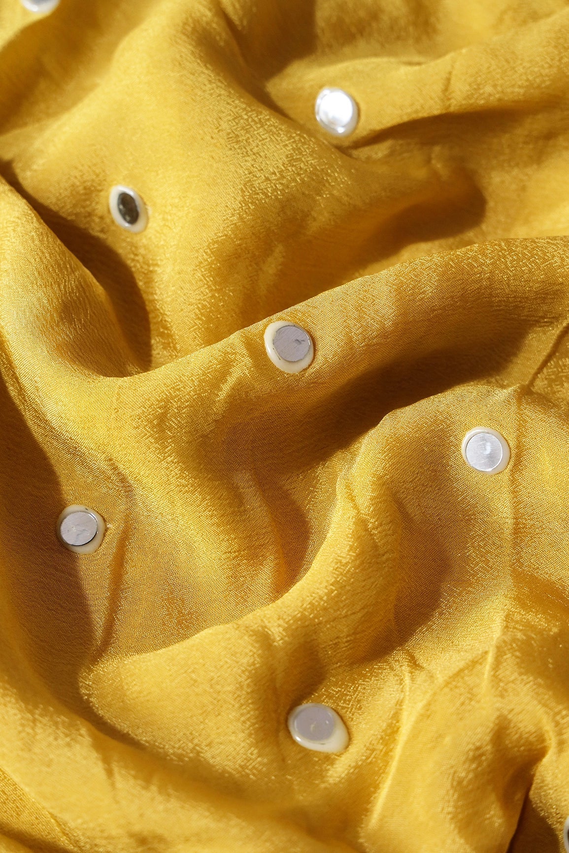 1 Meter Cut Piece Of Real Mirror Embroidery Work On Yellow Viscose Chinnon Chiffon Fabric - doeraa