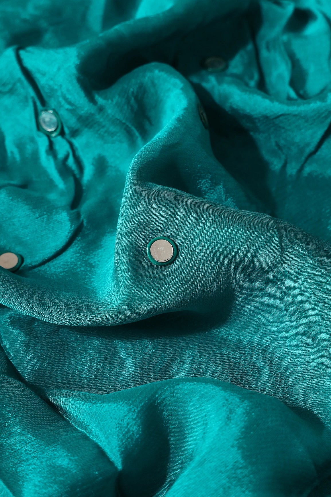 1.50 Meter Cut Piece Of Real Mirror Embroidery Work On Dark Turquoise Viscose Chinnon Chiffon Fabric - doeraa