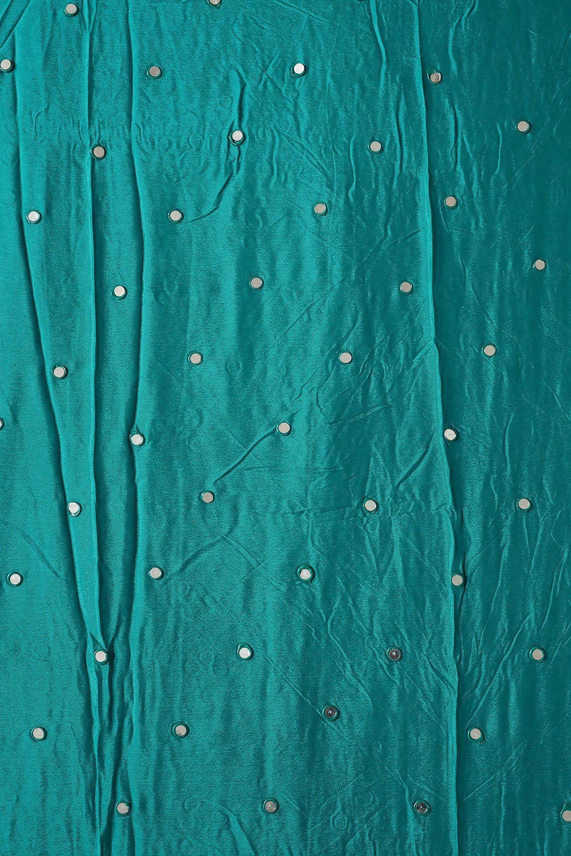1.50 Meter Cut Piece Of Real Mirror Embroidery Work On Dark Turquoise Viscose Chinnon Chiffon Fabric - doeraa