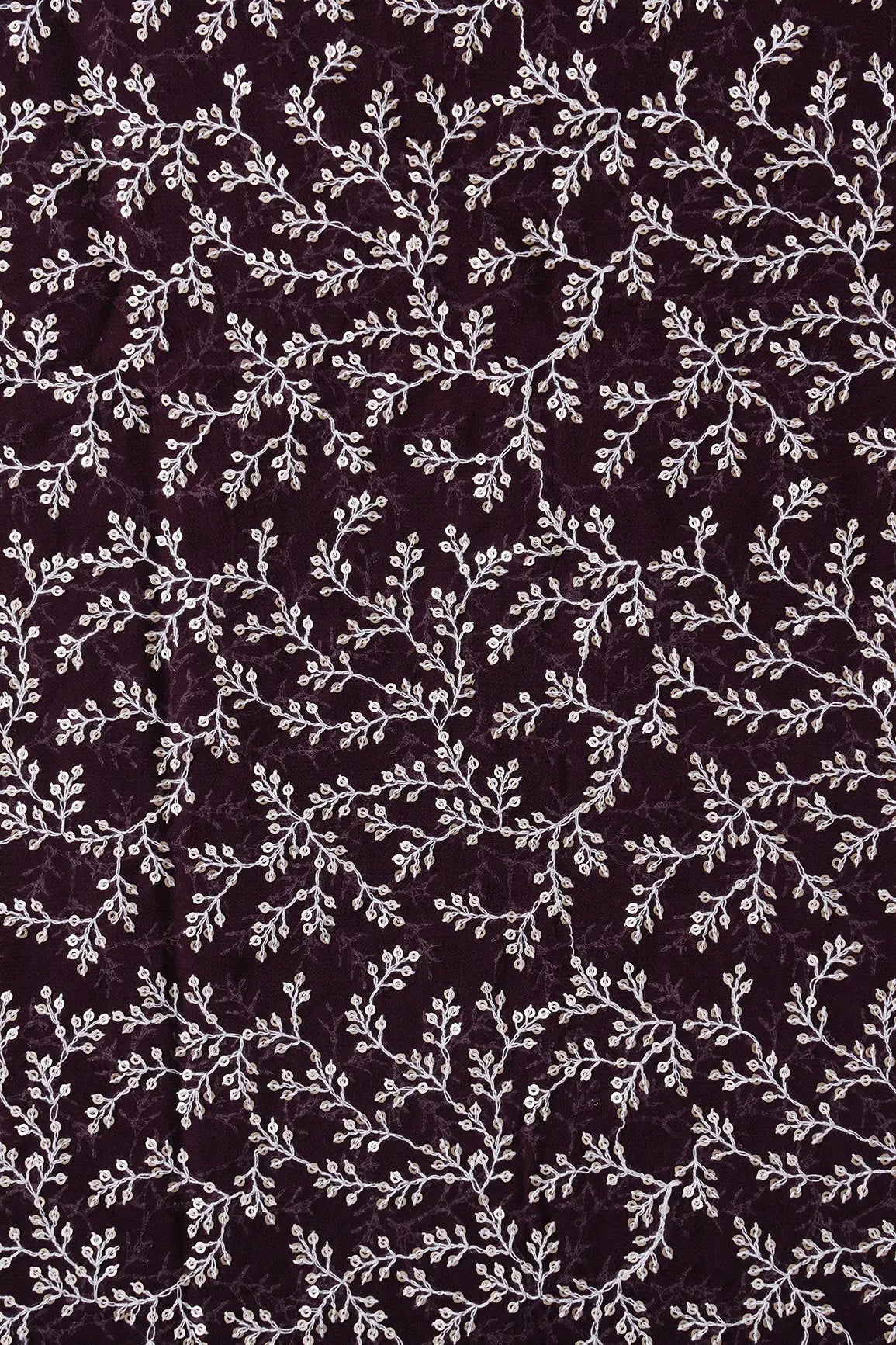 1.75 Meter Cut Piece Of White Thread With Gold Sequins Leafy Embroidery On Wine Georgette Fabric - doeraa