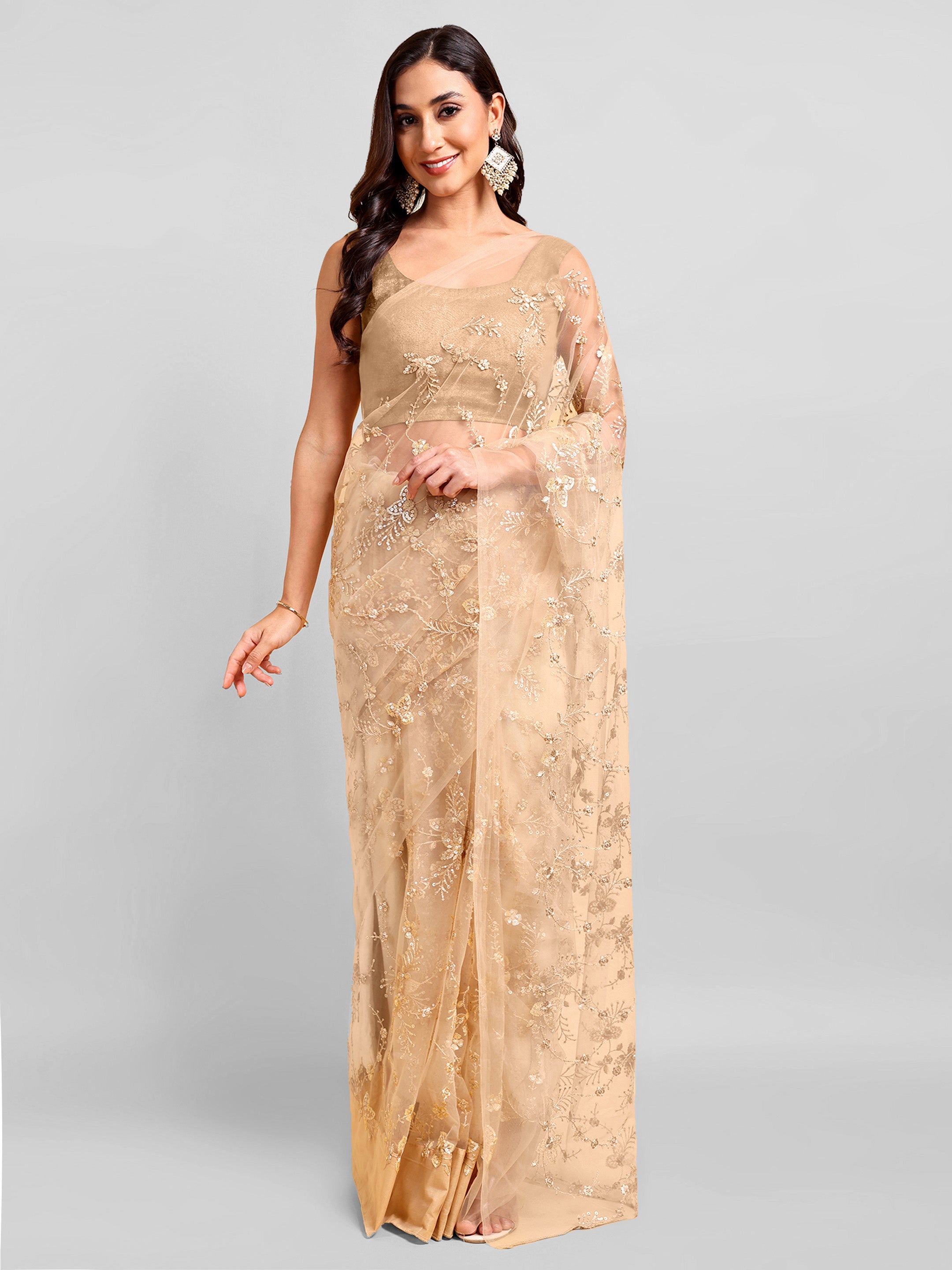 Beige Net Saree Set (2 Piece)