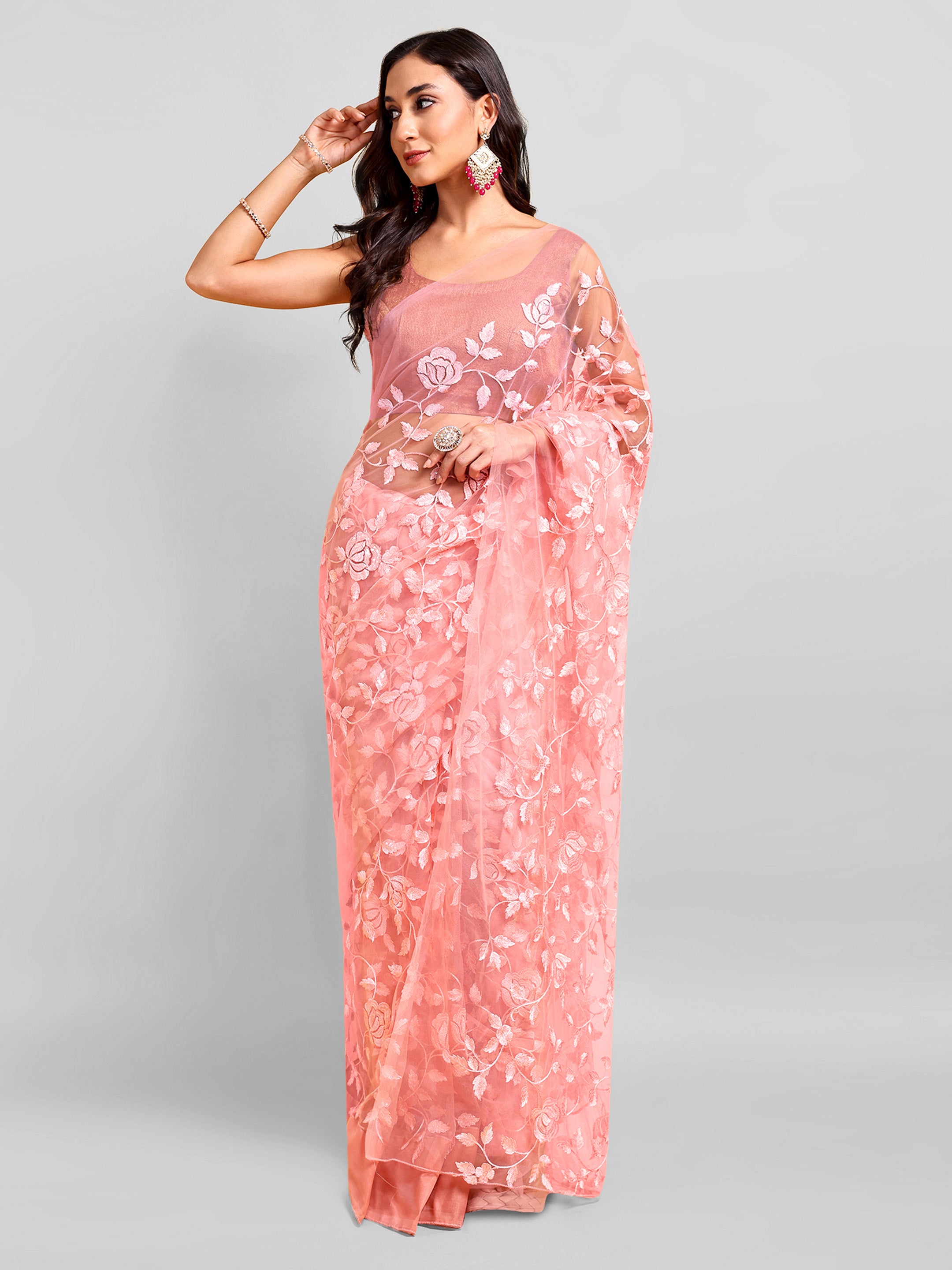 Pink Net Saree Set (2 Piece)