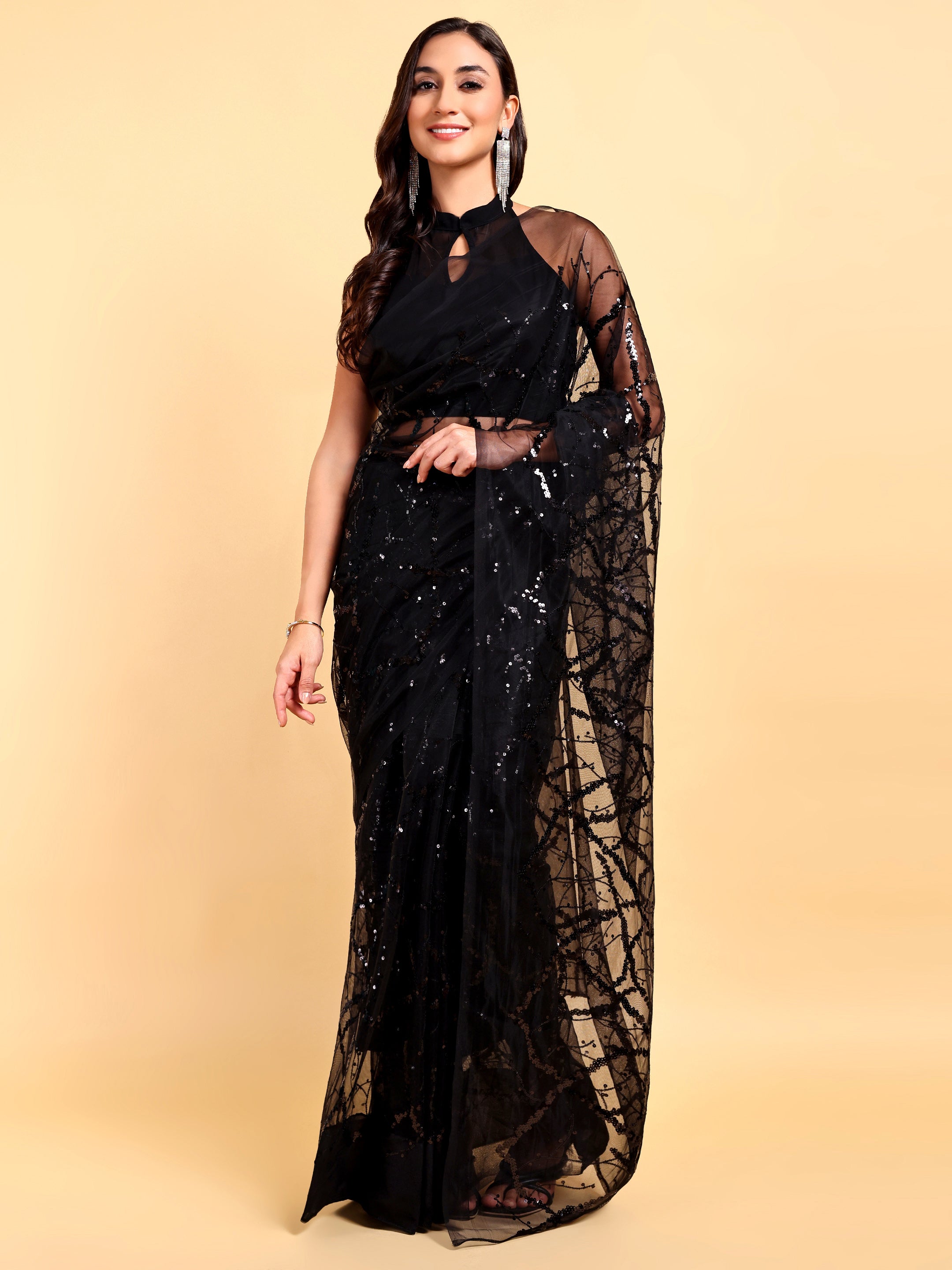 Black Net Saree Set (2 Piece)