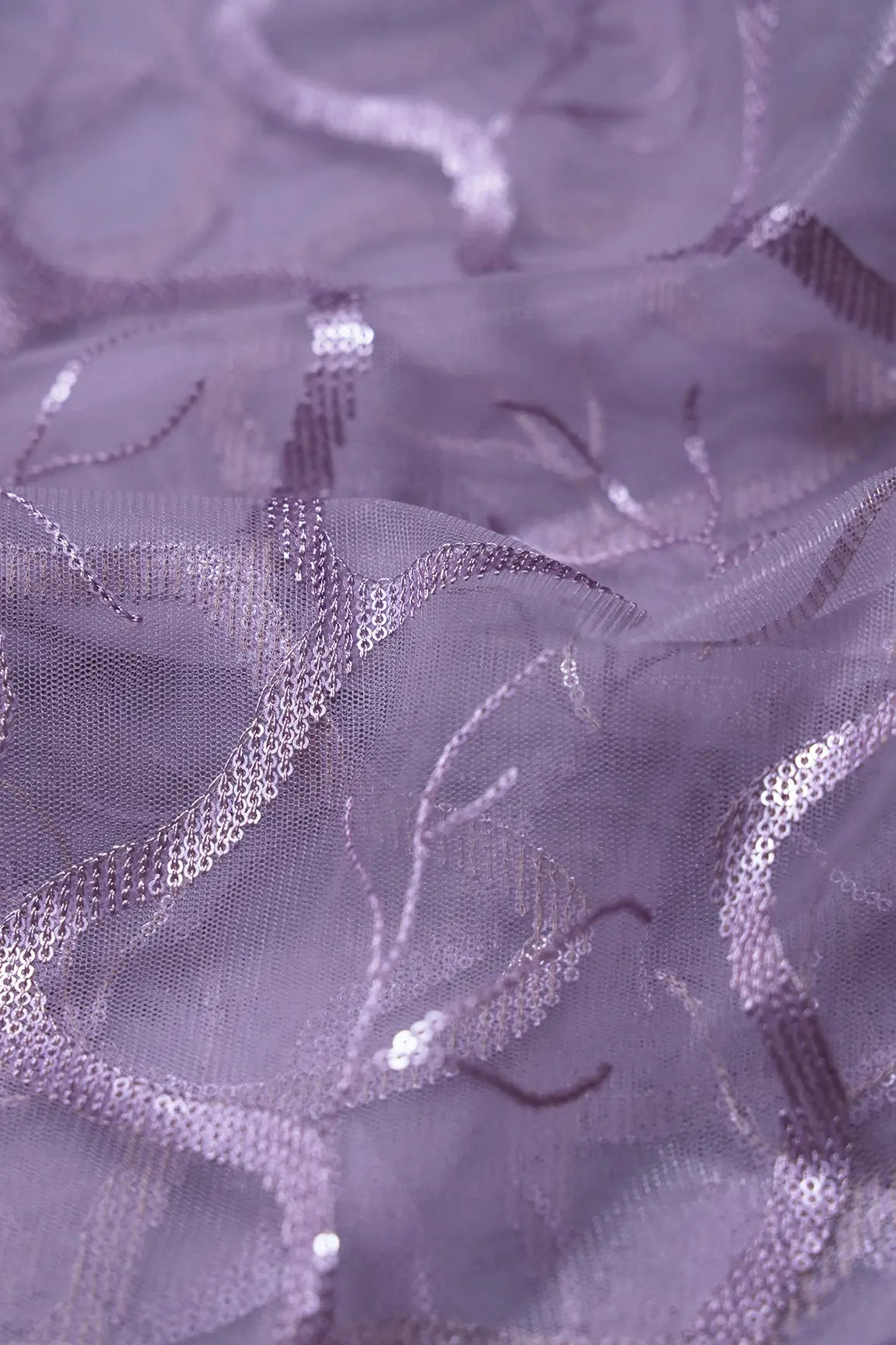 Light Lilac Sequins Abstract Embroidery On Lilac Soft Net Fabric