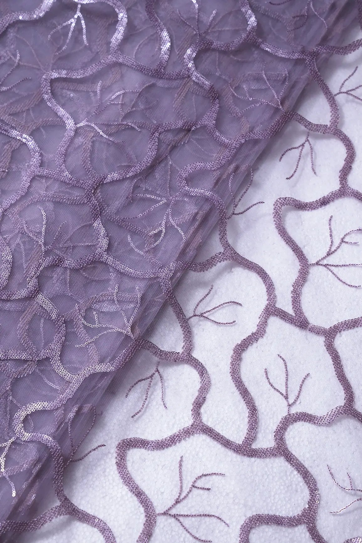 Light Lilac Sequins Abstract Embroidery On Lilac Soft Net Fabric