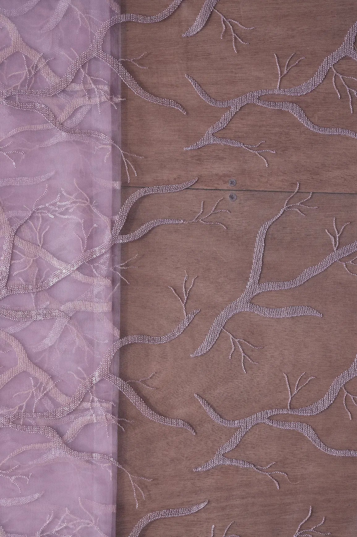 Lilac Thread With Water Sequins Abstract Embroidery Work On Lilac Soft Net Fabric