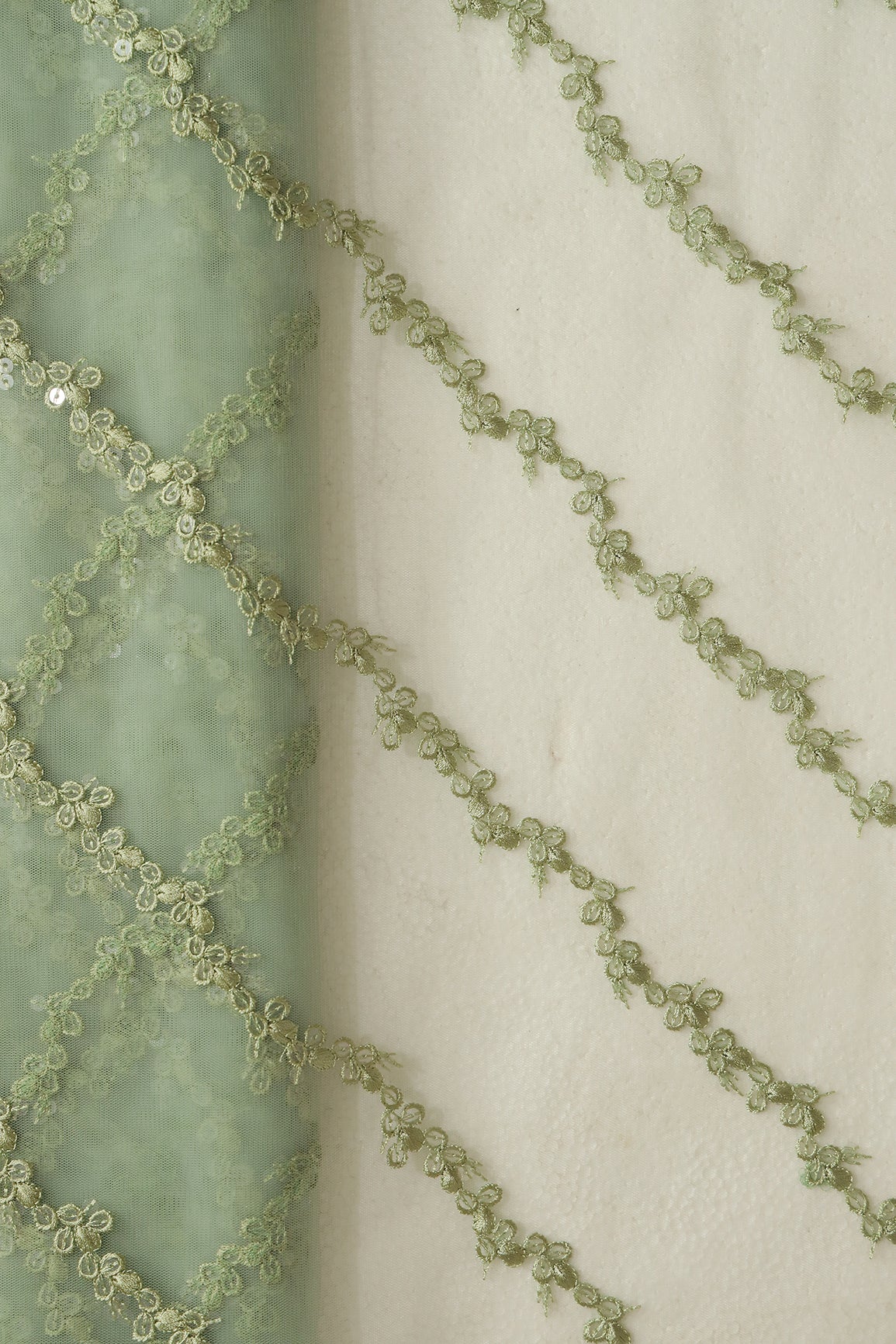 Olive Thread With Sequins Strip Embroidery Work On Olive Soft Net Fabric