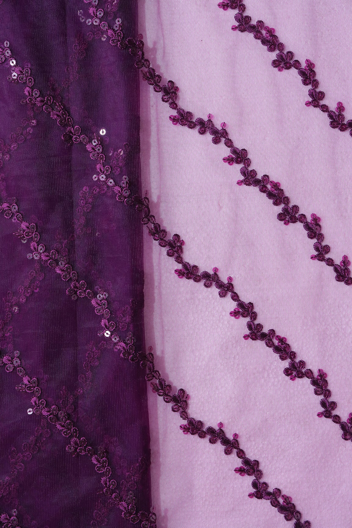 Wine Thread With Sequins Strip Embroidery Work On Wine Soft Net Fabric