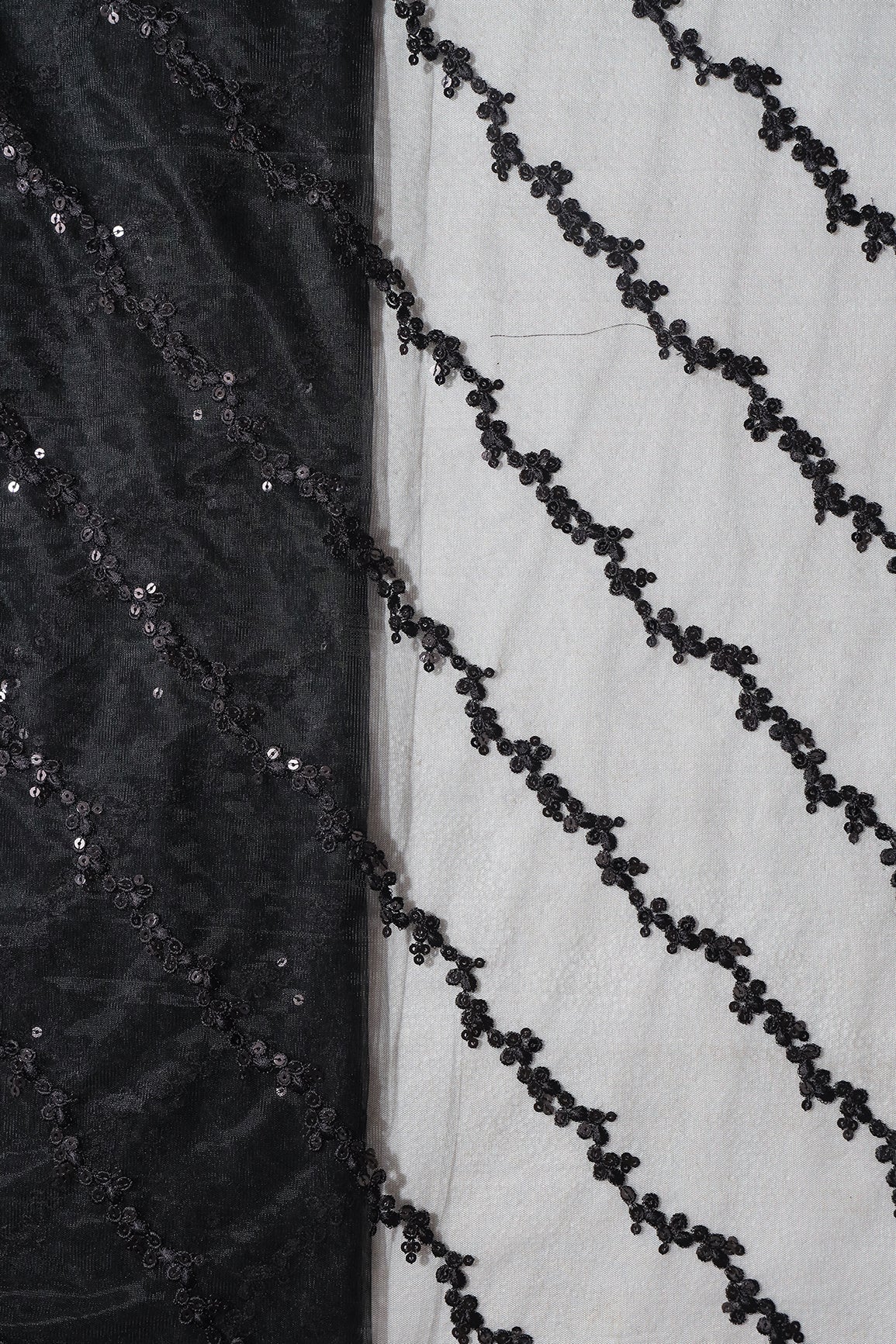 Black Thread With Sequins Strip Embroidery Work On Black Soft Net Fabric