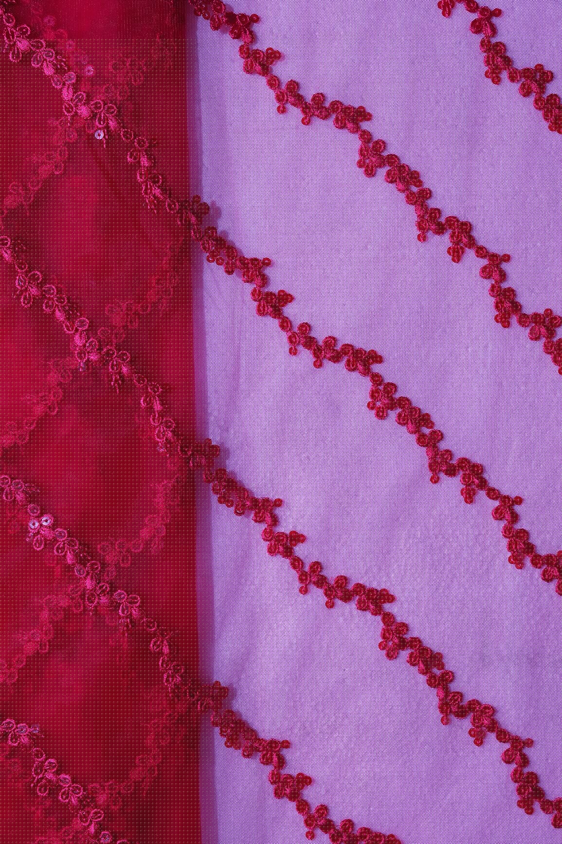 Red Thread With Sequins Strip Embroidery Work On Cherry Red Soft Net Fabric