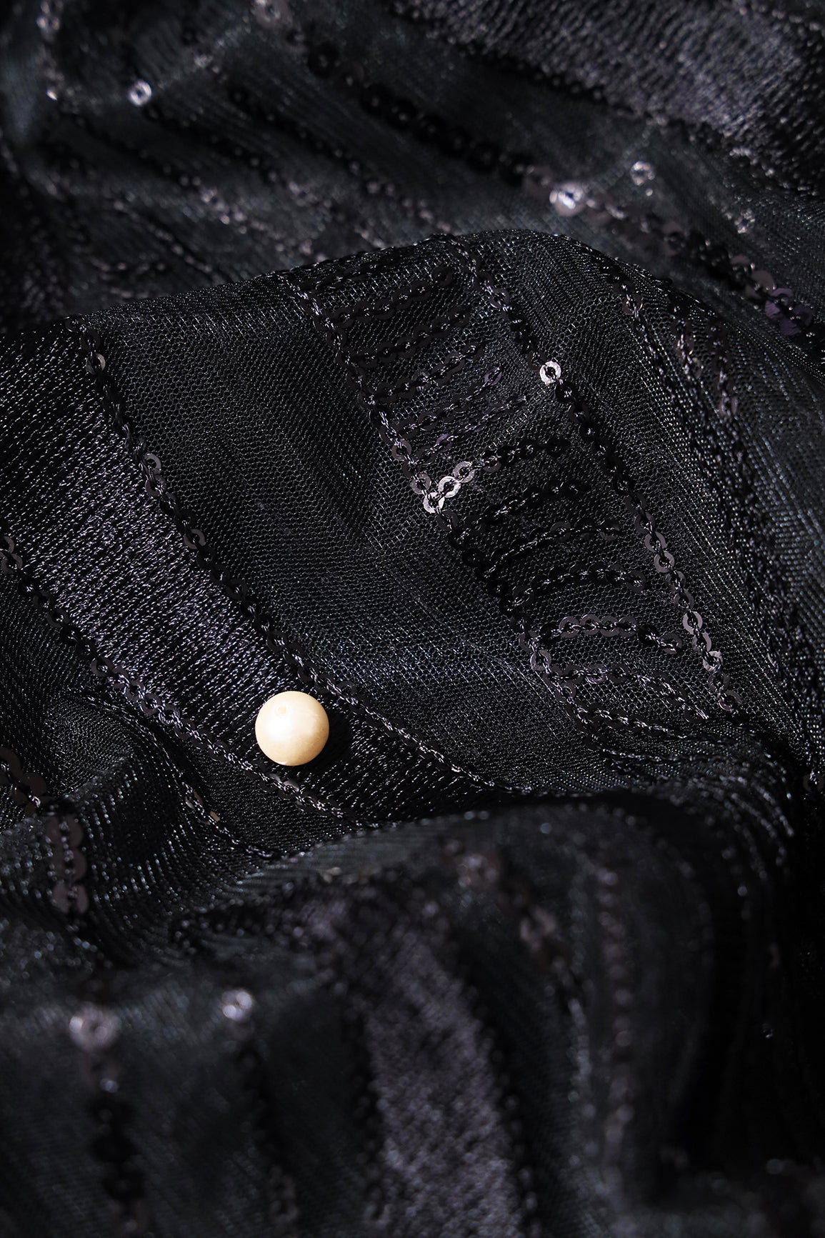 Black Thread With Sequins Wavy Embroidery Work On Black Soft Net Fabric