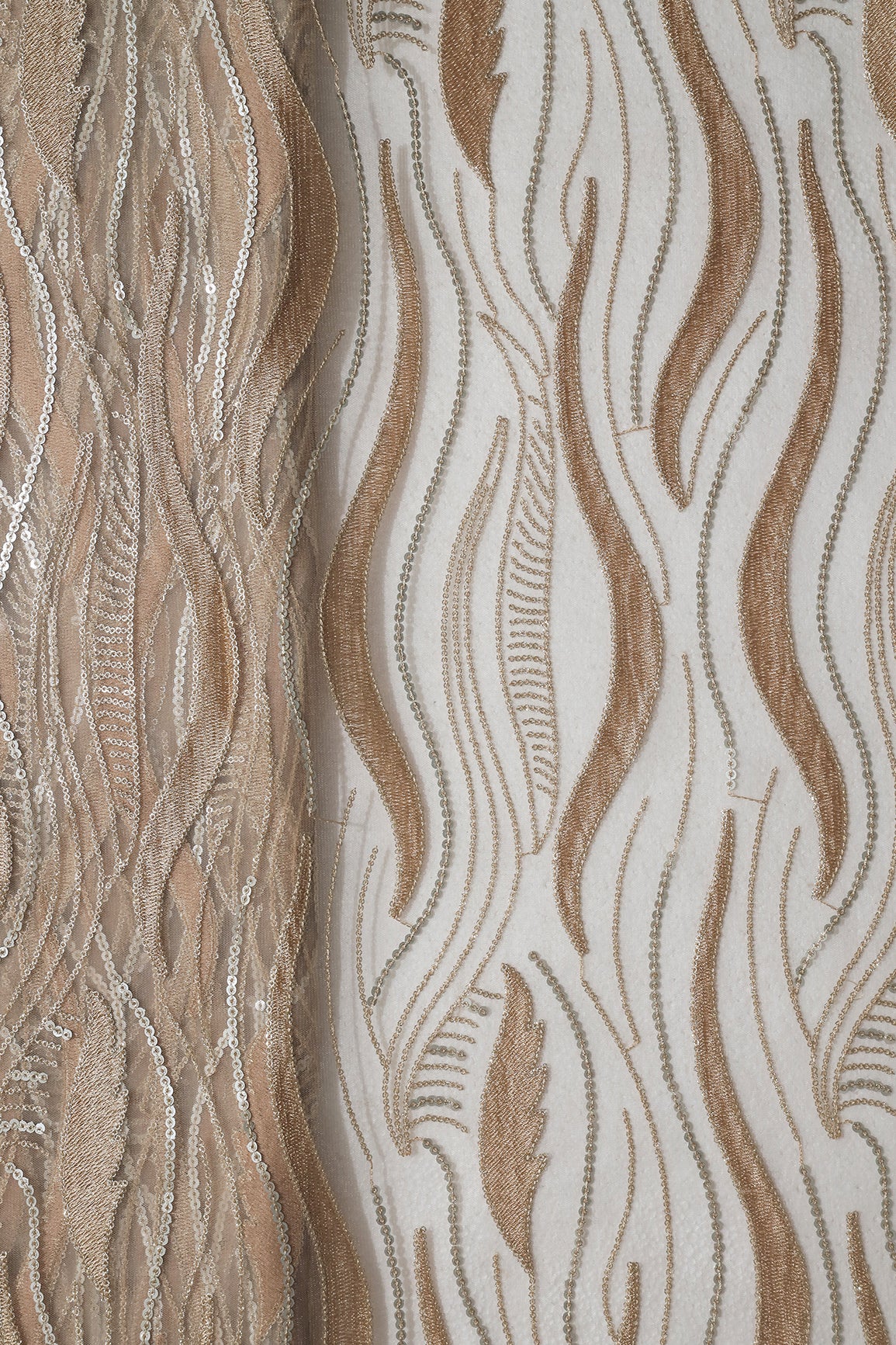 Beige Thread With Sequins Wavy Embroidery Work On Beige Soft Net Fabric
