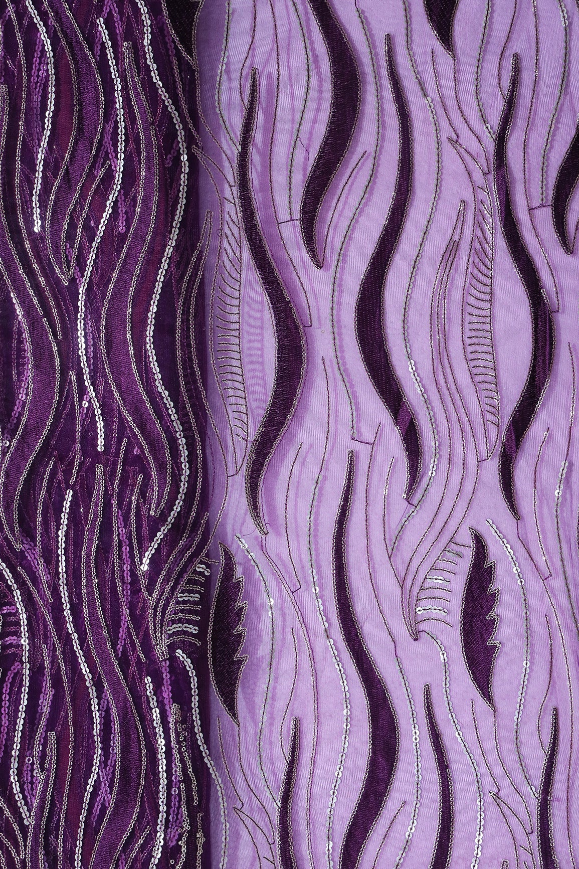 Wine Thread With Sequins Wavy Embroidery Work On Wine Soft Net Fabric