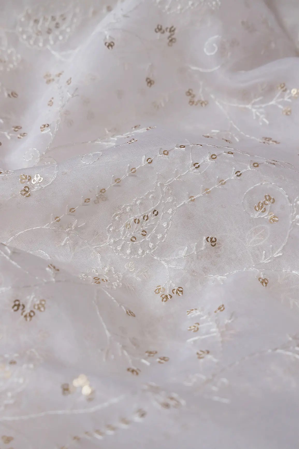 White Thread With Sequins Floral Embroidery On Dyeable White Organza Fabric