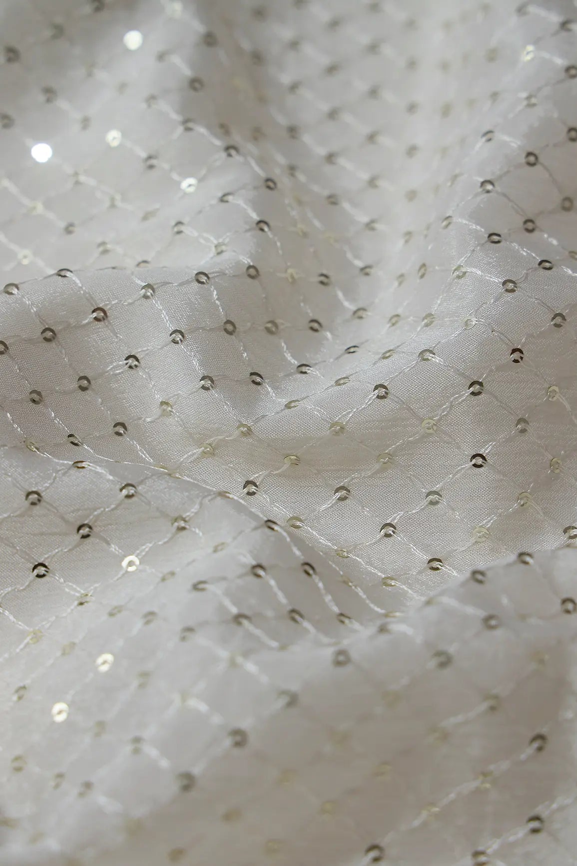 Small Check Gold Sequins Embroidery Work On White Dyeable Chinnon Chiffon Fabric