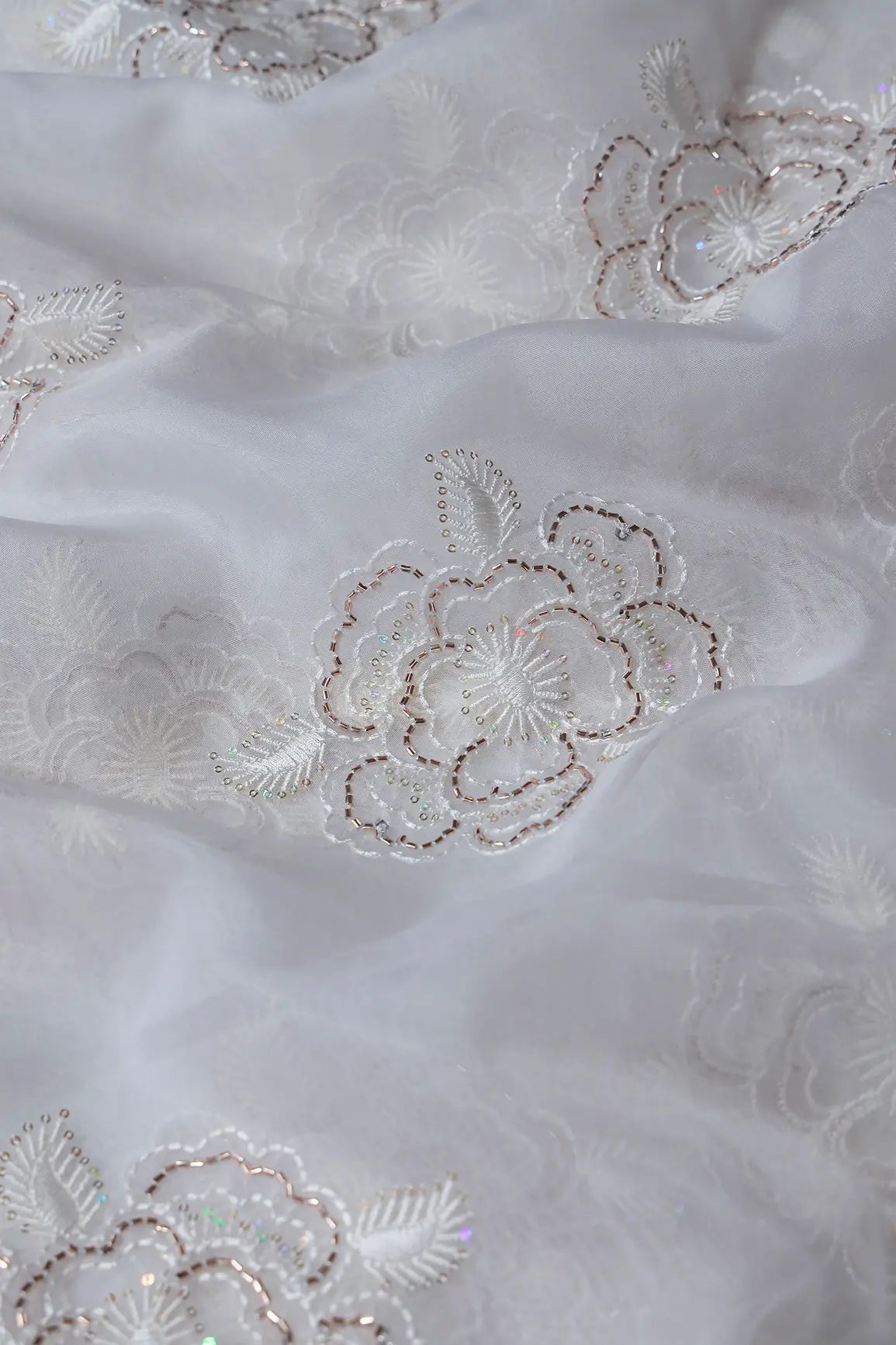 Small Sequins With Beads And Thread Work Floral Embroidery On Dyeable White Organza Fabric