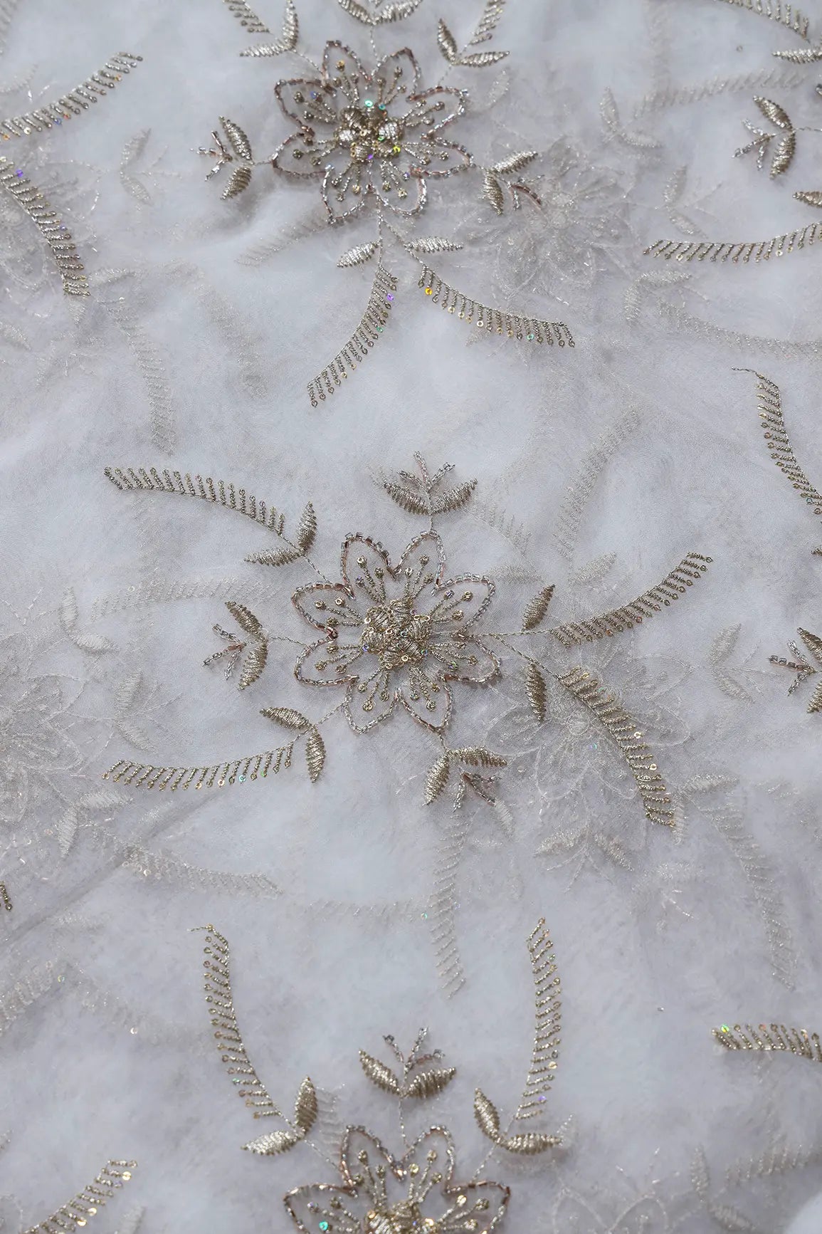 Gold Zari With Beads Floral Embroidery On Dyeable White Organza Fabric