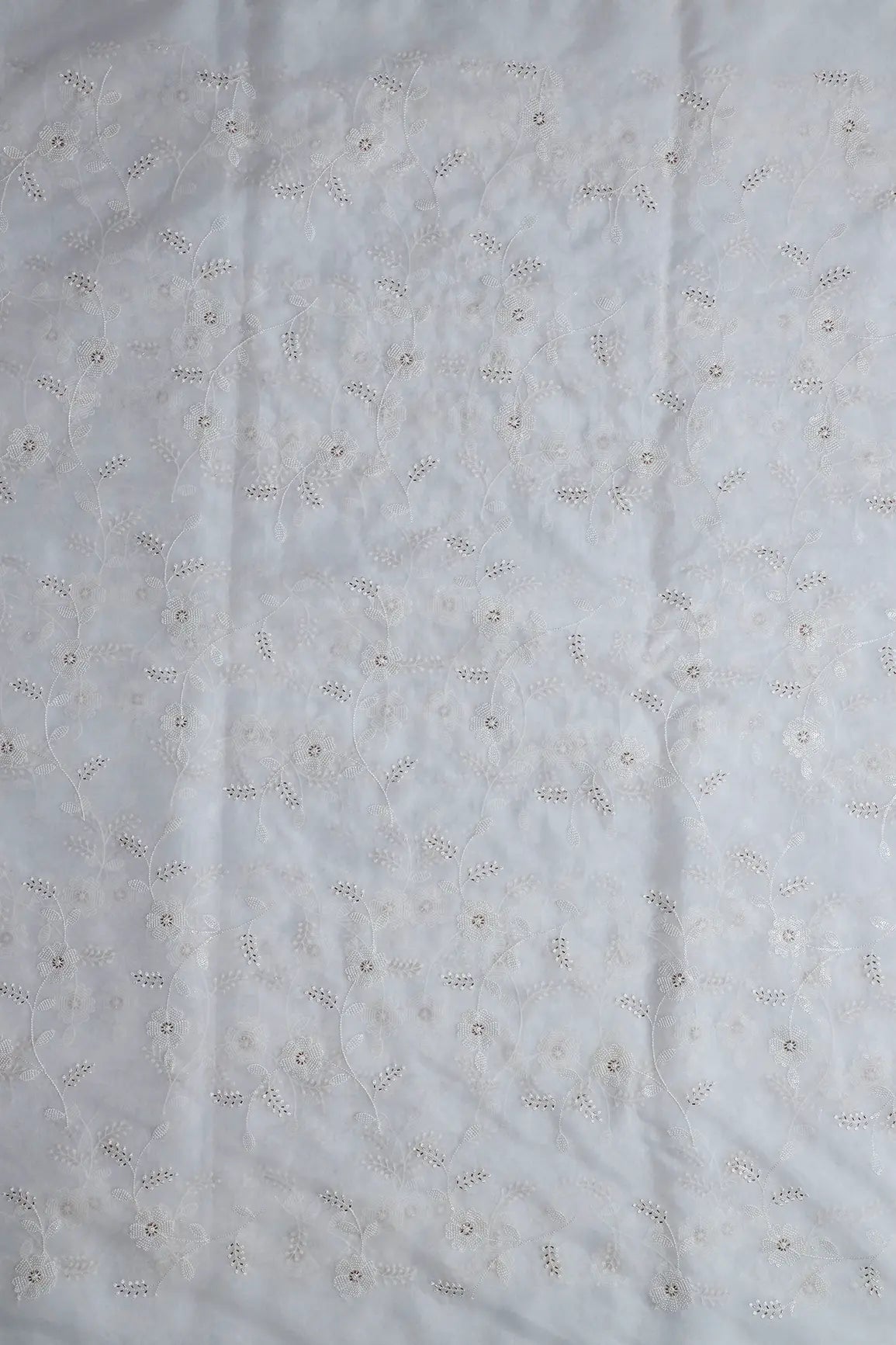 White Thread With Beads Leafy Embroidery On Dyeable White Organza Fabric