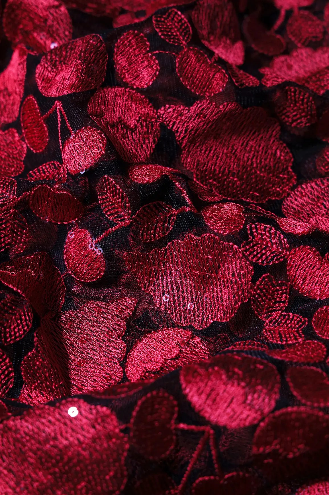 Red Thread With Water Sequins Beautiful Leafy Heavy Embroidery On Black Soft Net Fabric