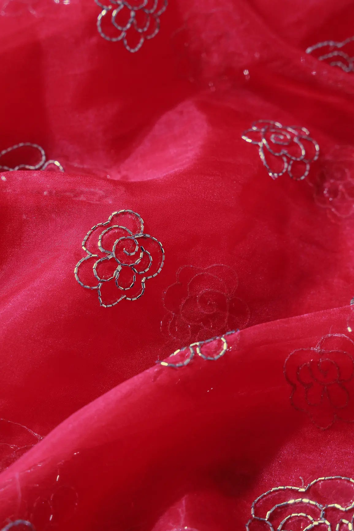 Floral Embroidery Red Organza Unstitched Lehenga Set Fabric (3 Piece)