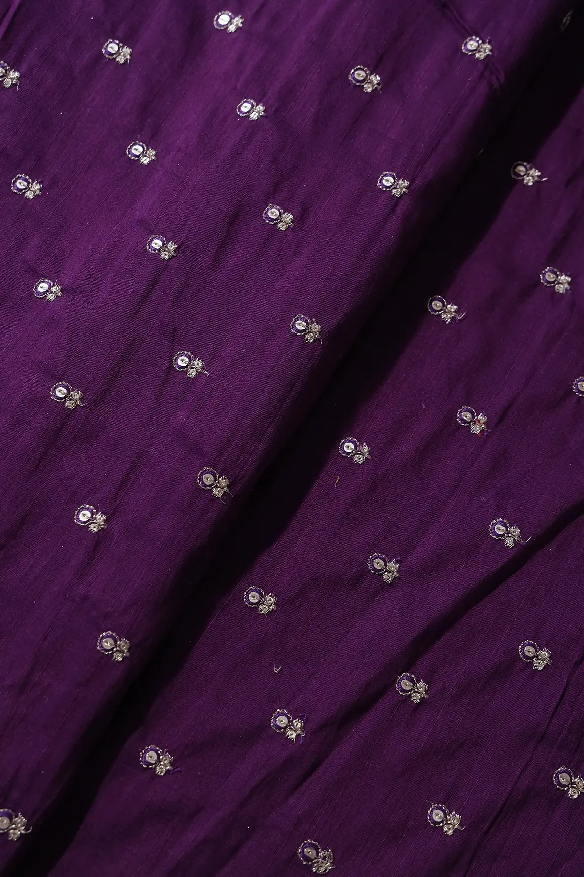 Purple Thread With Gold Sequins Small Floral Booti Embroidery On Purple Raw Silk Fabric