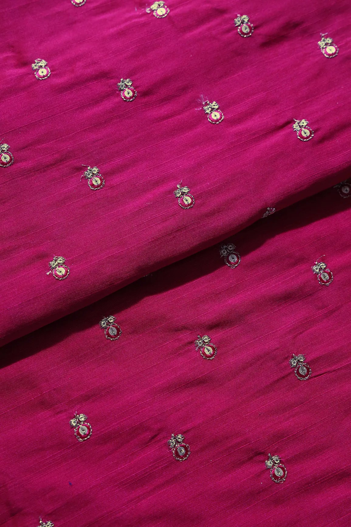 Rani Thread With Gold Sequins Small Floral Booti Embroidery On Rani Raw Silk Fabric