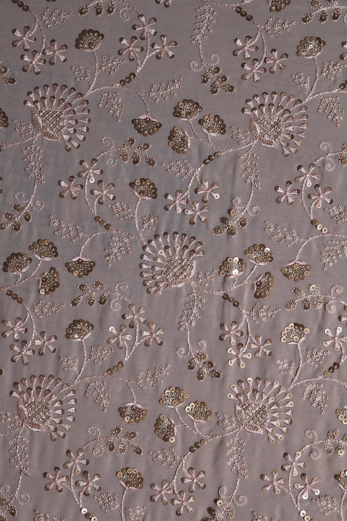 0.90 Meter Cut Piece Of Peach Thread With Gold Sequins Floral Embroidery On Light Peach Georgette Fabric