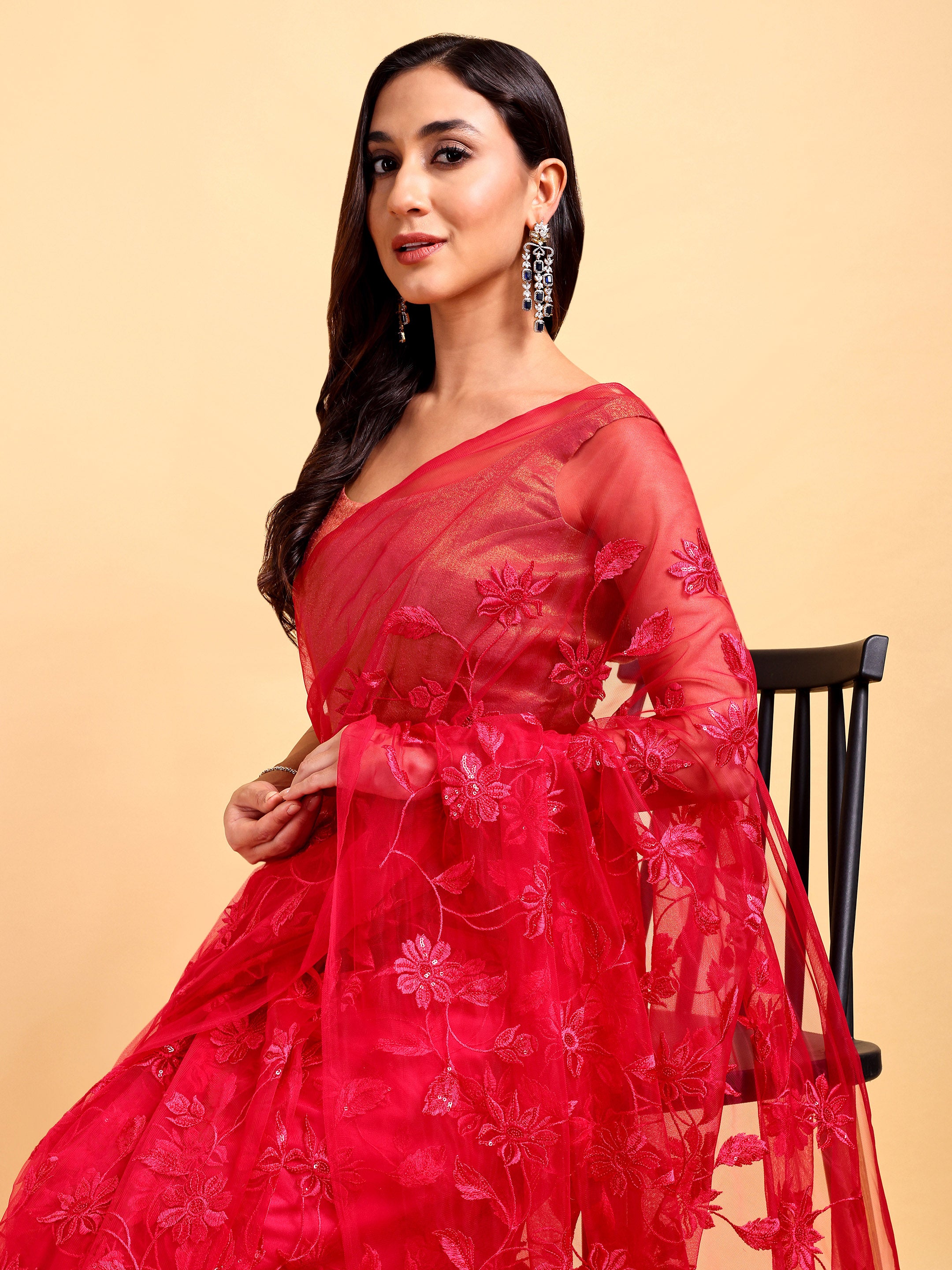 Cherry Red Saree Set (2 Piece)