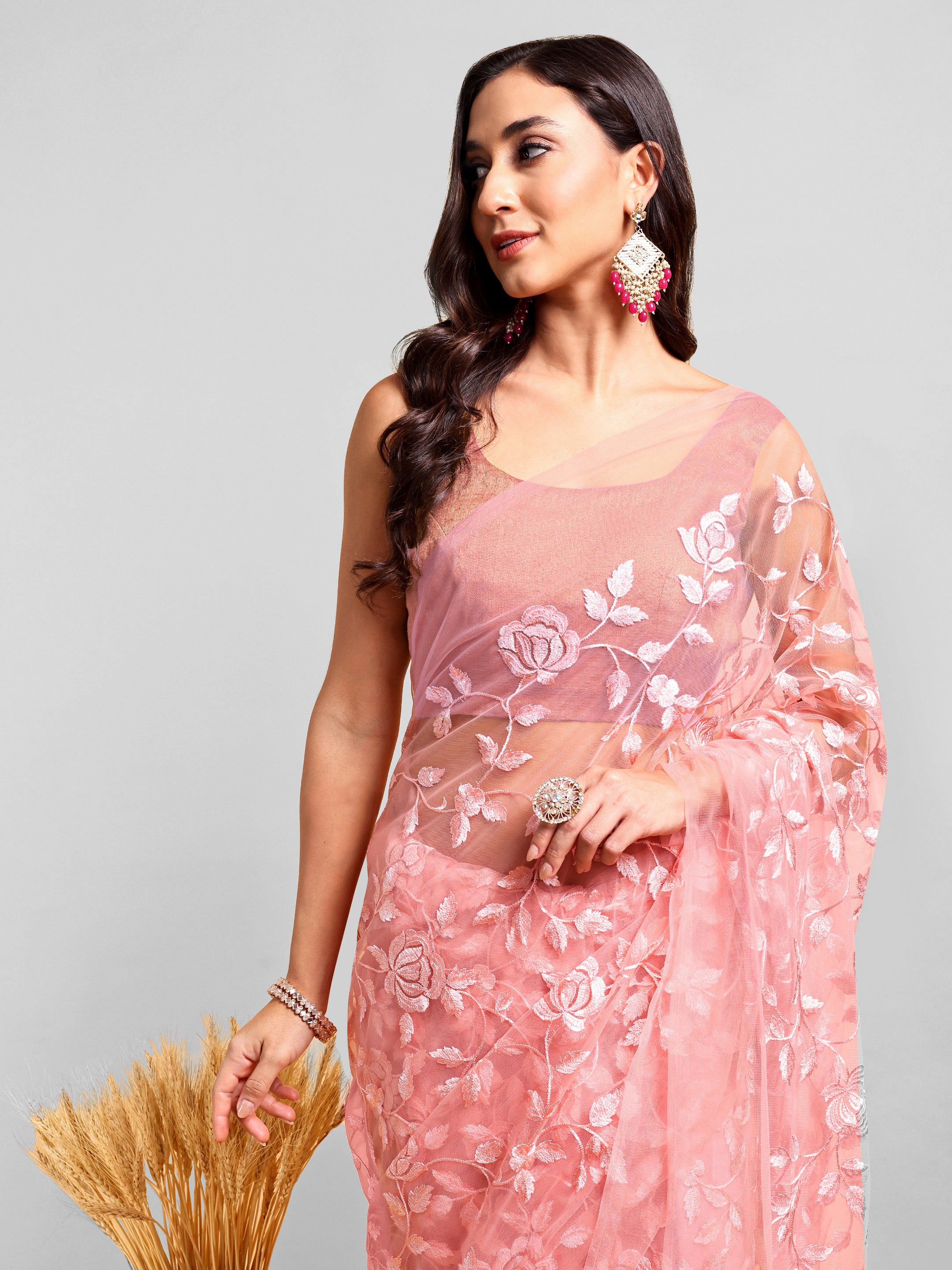 Pink Net Saree Set (2 Piece)