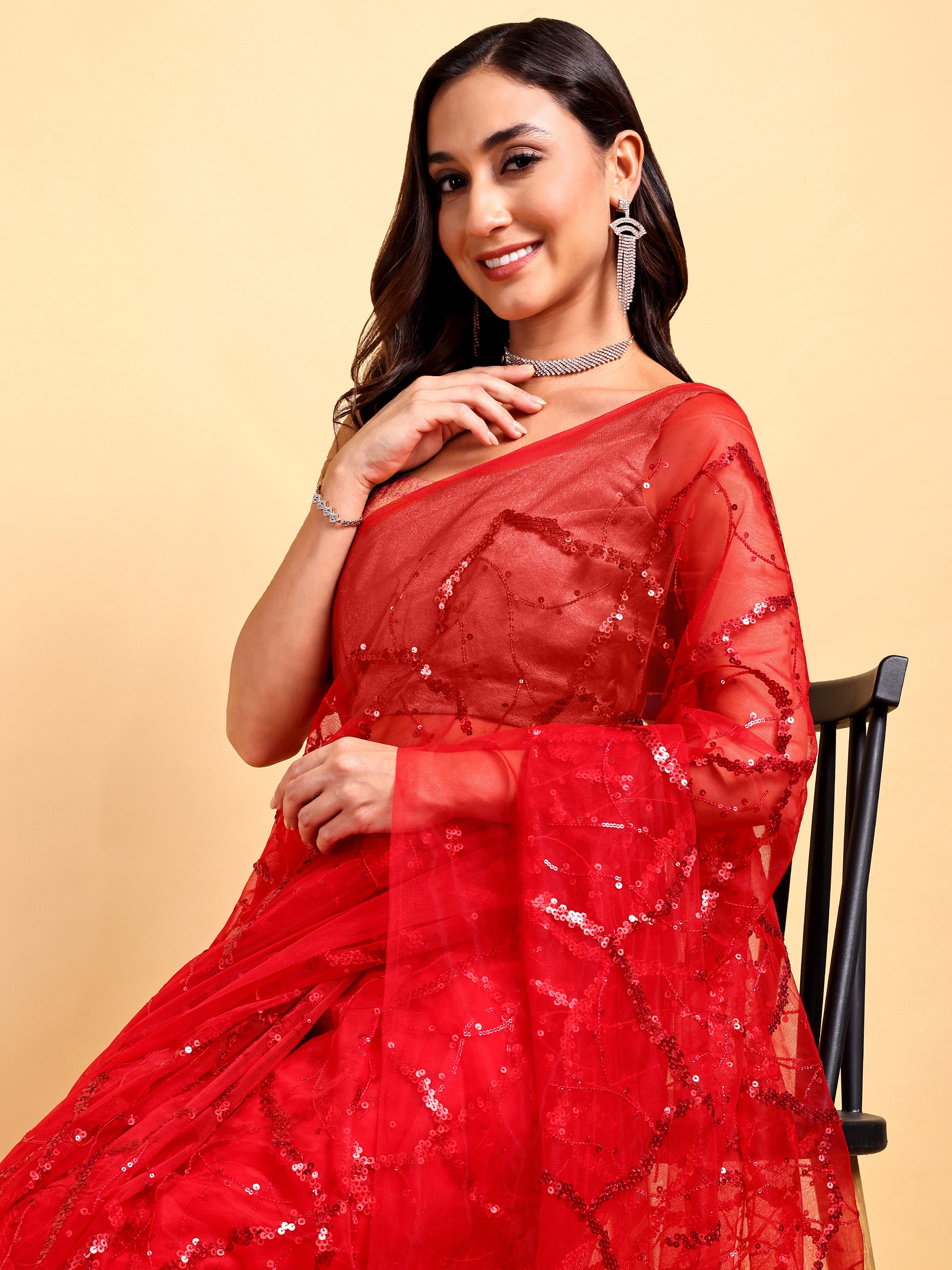 Red Net Saree Set (2 Piece)