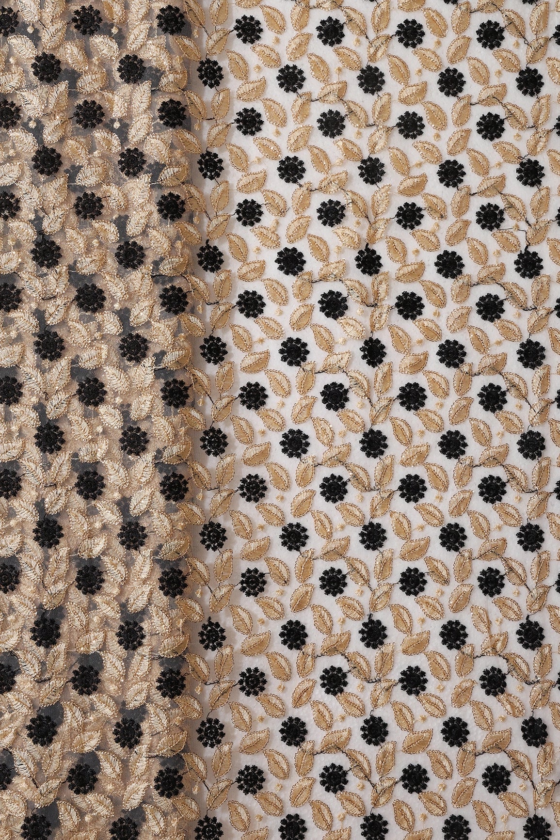 6 Meter Cut Piece Of Black And Beige Thread With Gold Sequins Floral Embroidery On Beige Soft Net Fabric - doeraa