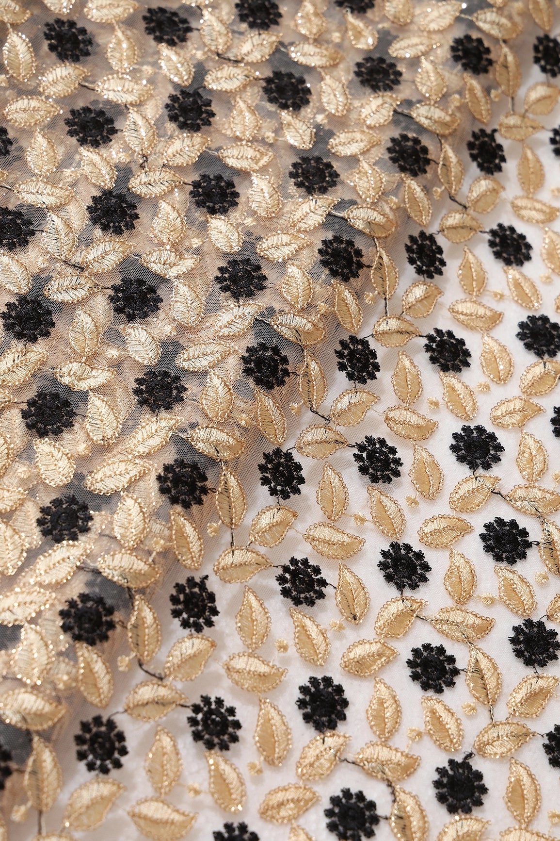 6 Meter Cut Piece Of Black And Beige Thread With Gold Sequins Floral Embroidery On Beige Soft Net Fabric - doeraa