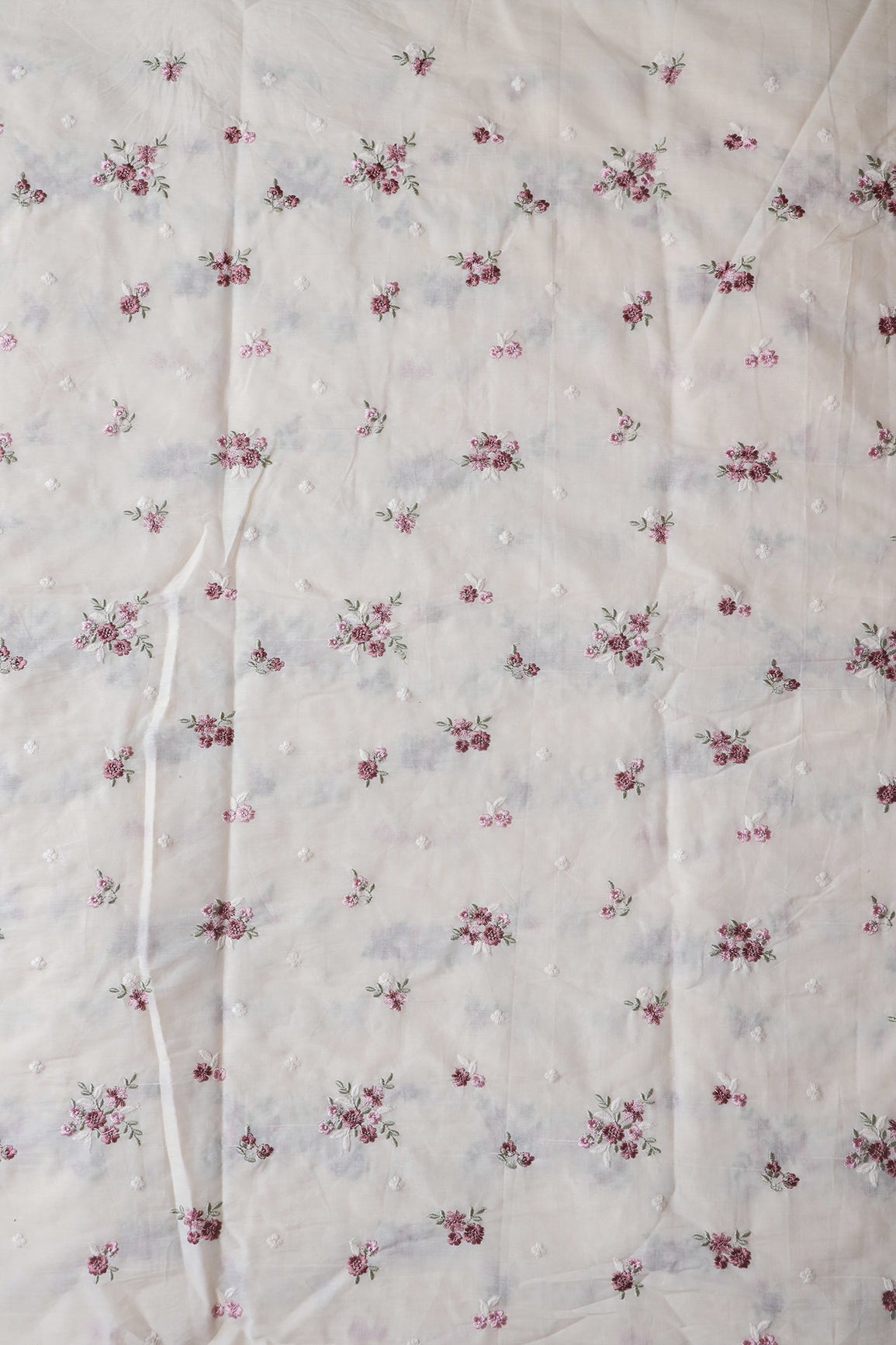 Mauve And Olive Thread Beautiful Floral Embroidery On Off White Organic Cotton Fabric