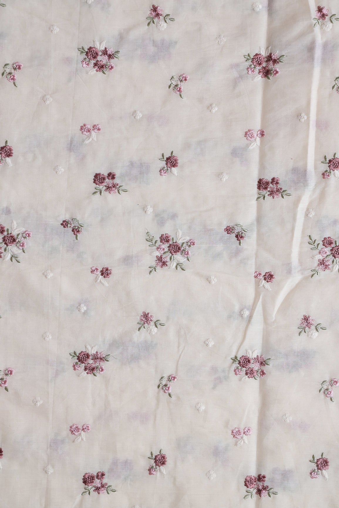 Mauve And Olive Thread Beautiful Floral Embroidery On Off White Organic Cotton Fabric