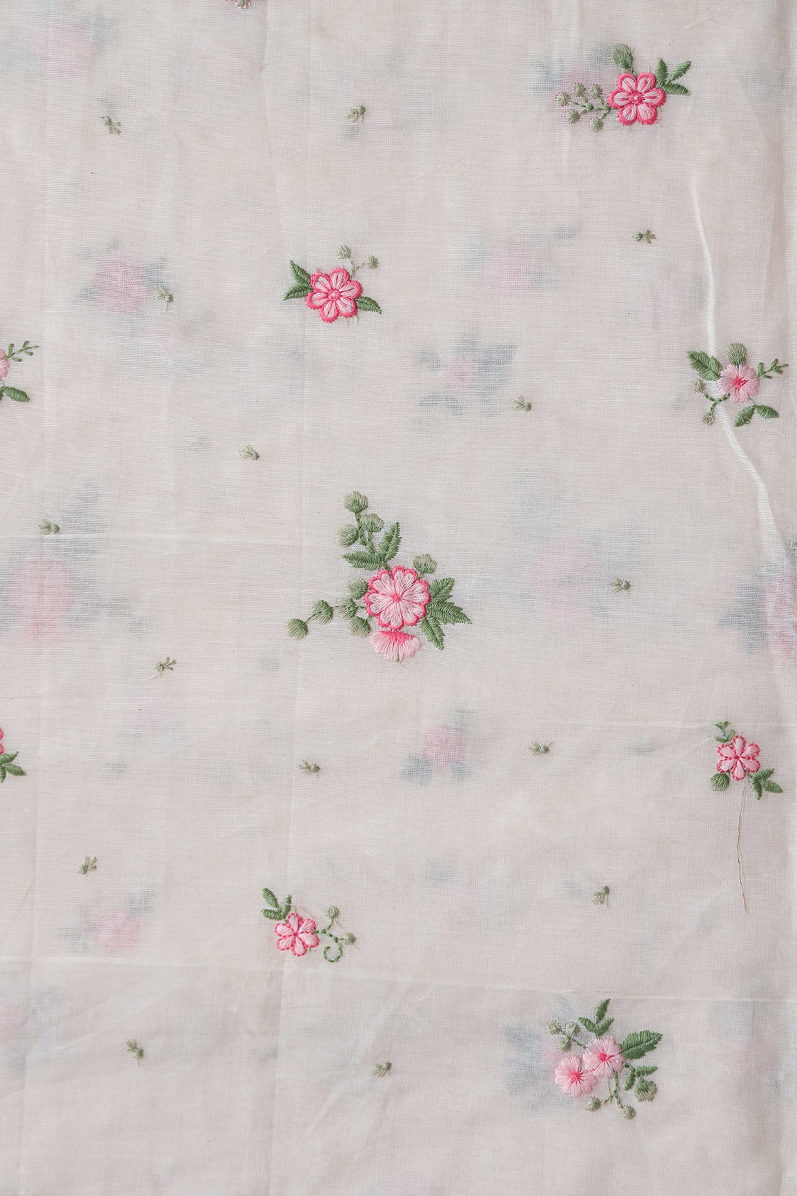 Pink And Olive Thread Small Floral Embroidery On Off White Organic Cotton Fabric