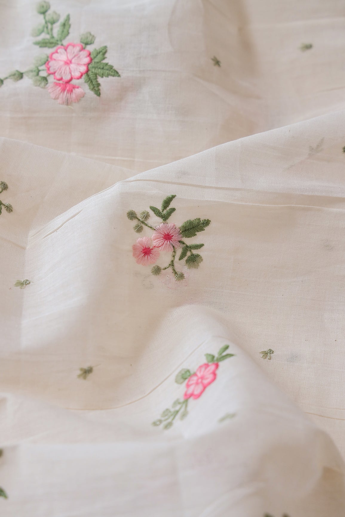 Pink And Olive Thread Small Floral Embroidery On Off White Organic Cotton Fabric