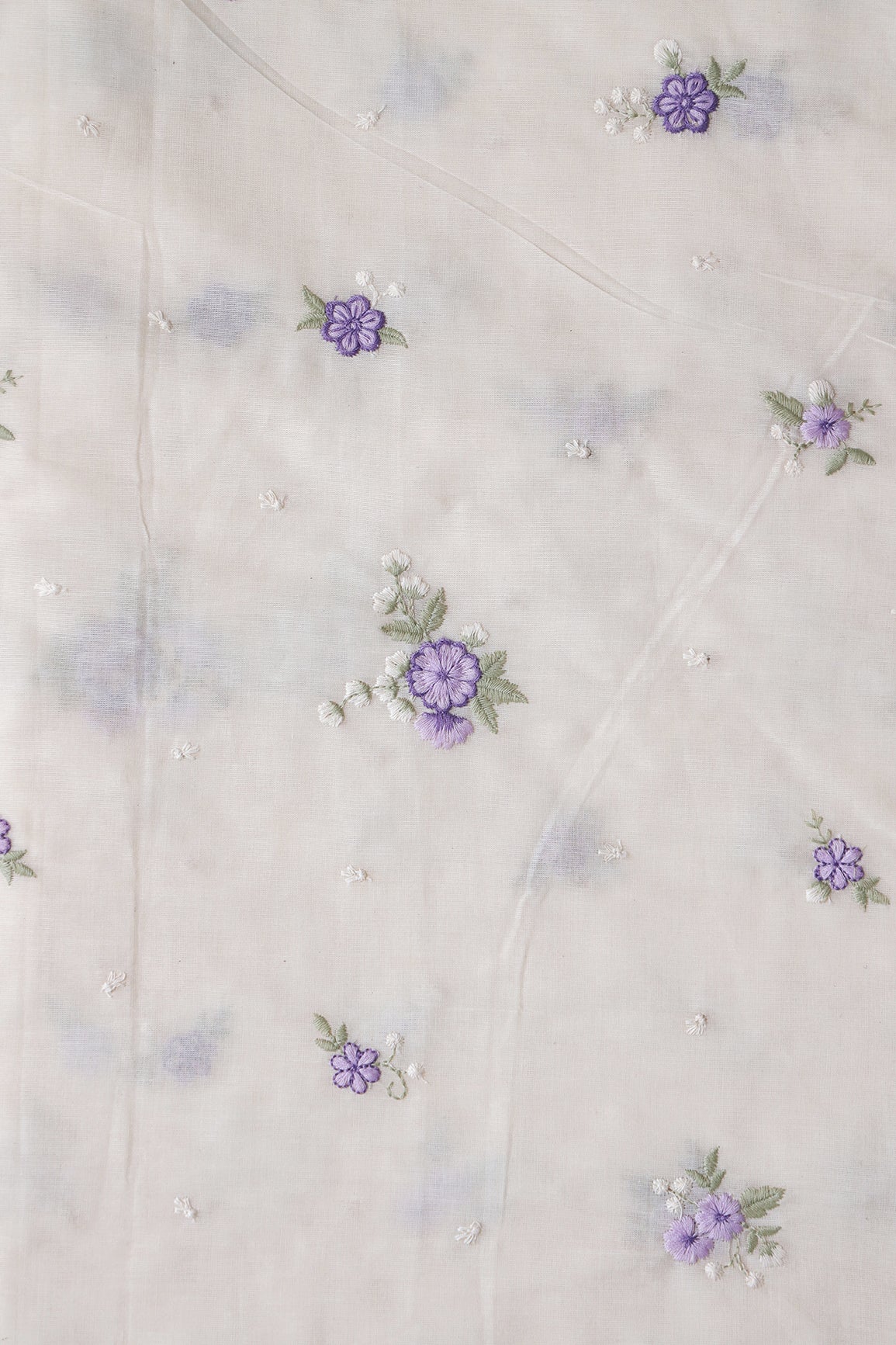 Lavender And Light Olive Thread Small Floral Embroidery On Off White Organic Cotton Fabric
