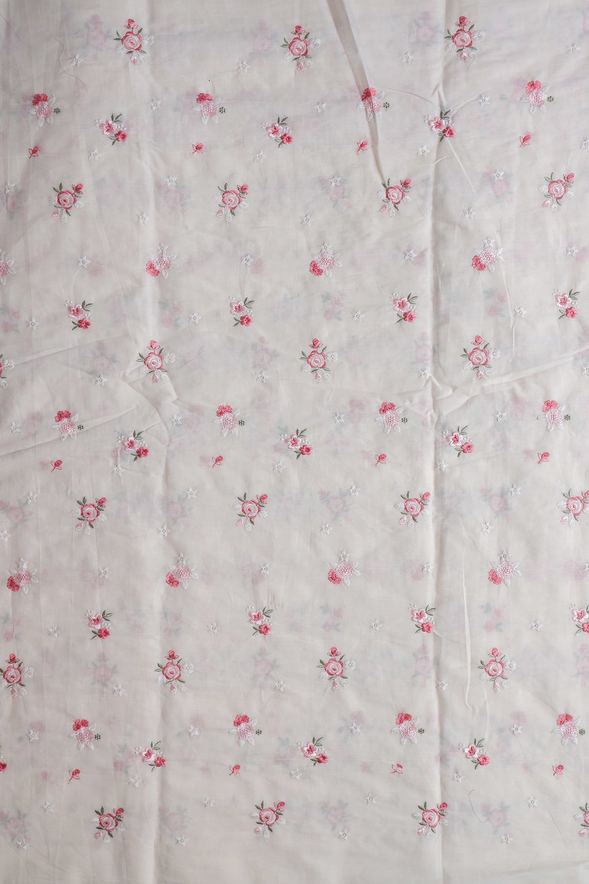 Pink And Olive Thread Small Floral Embroidery On Off White Organic Cotton Fabric