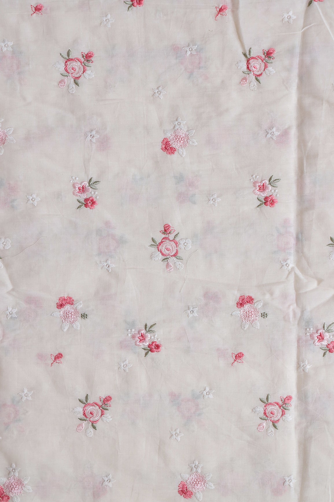 Pink And Olive Thread Small Floral Embroidery On Off White Organic Cotton Fabric