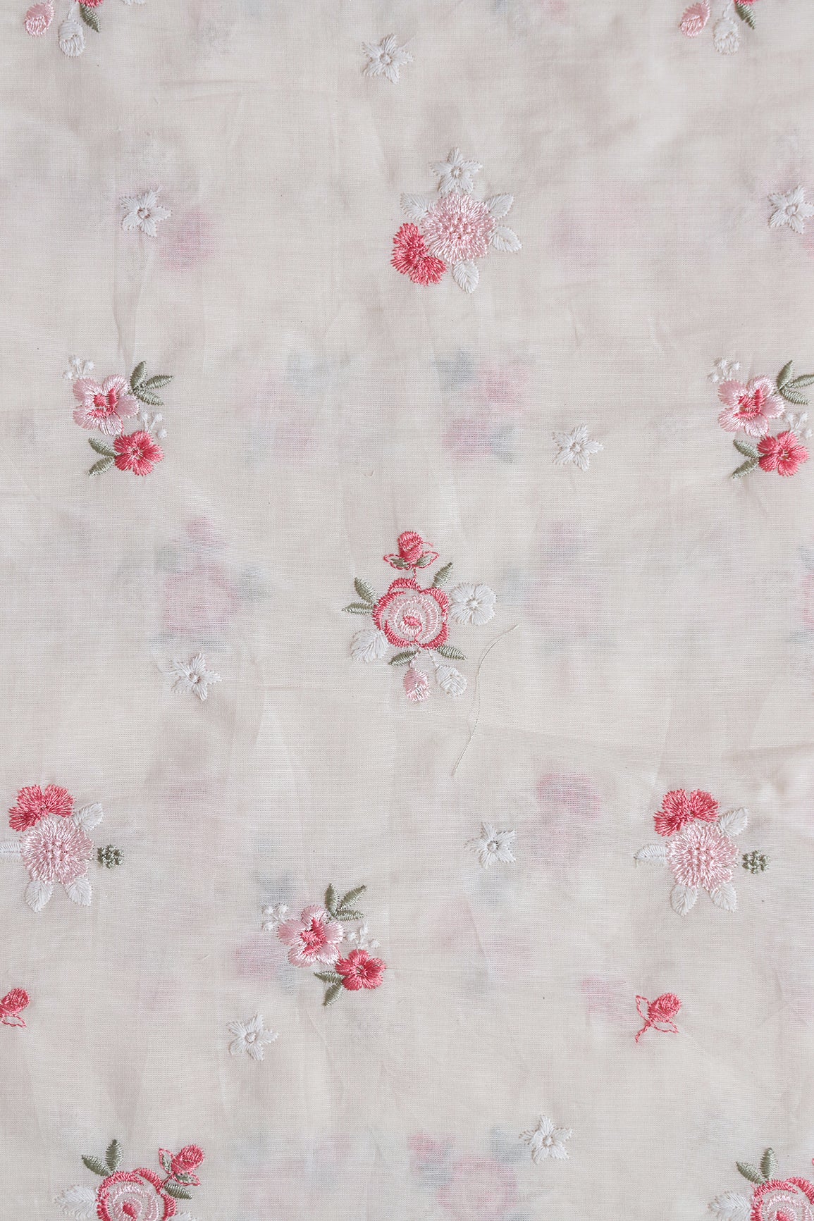 Pink And Olive Thread Small Floral Embroidery On Off White Organic Cotton Fabric