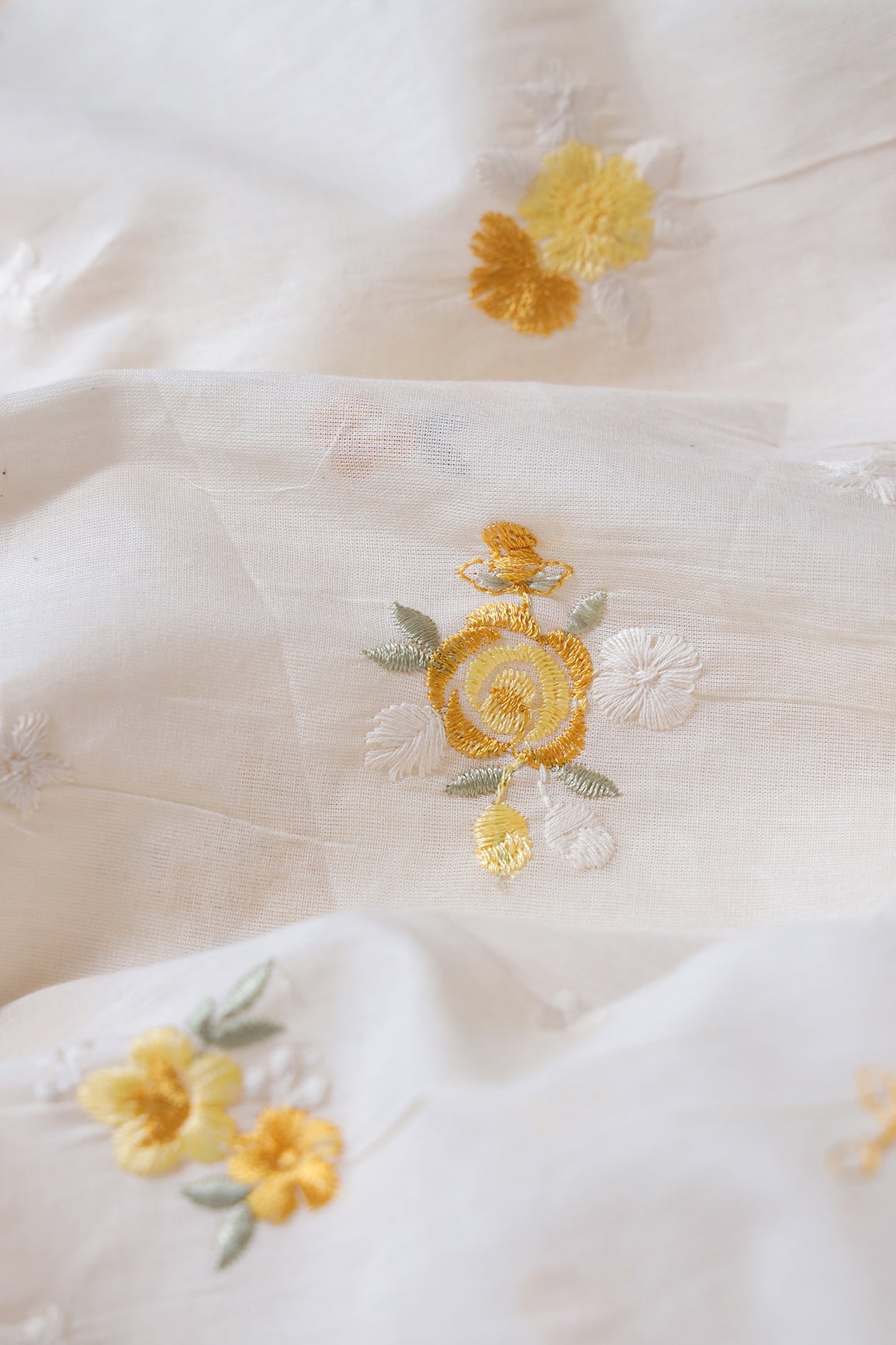 Mustard And Olive Thread Small Floral Embroidery On Off White Organic Cotton Fabric