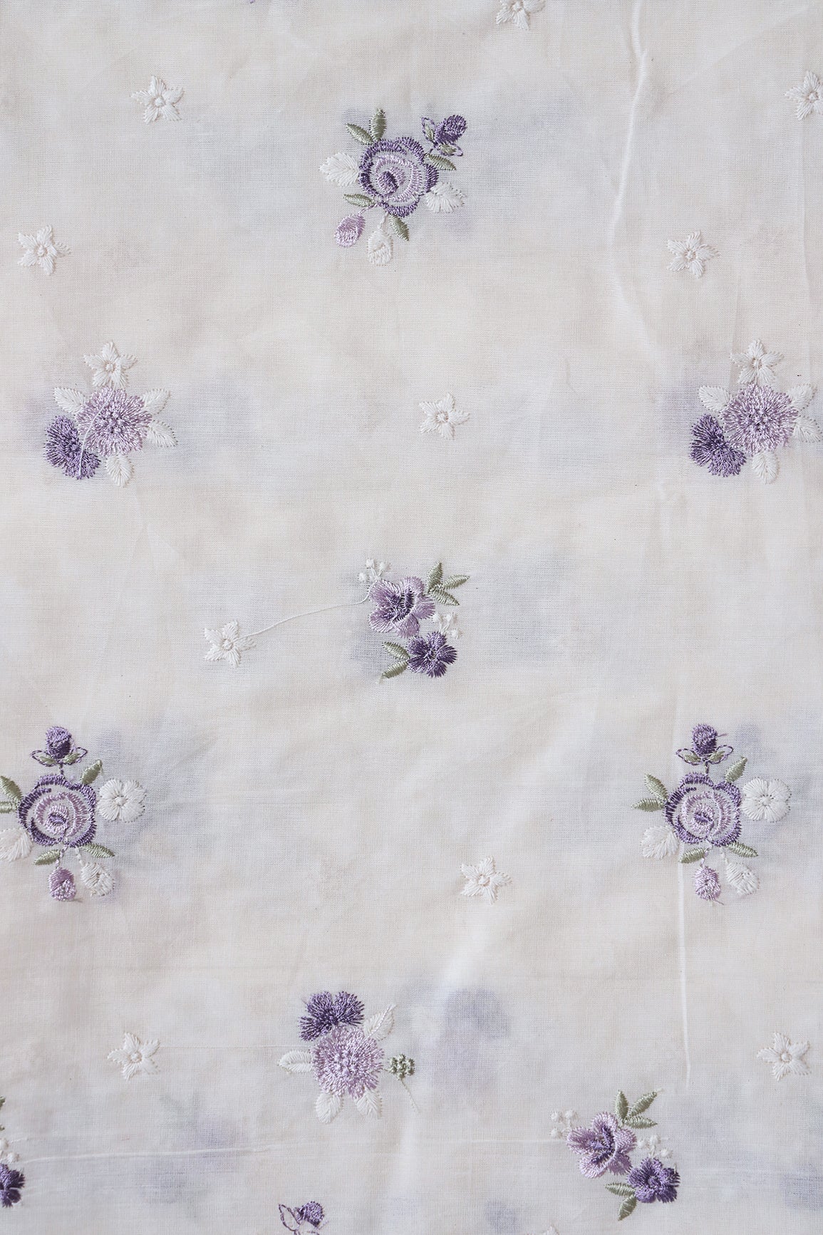 Lavender And White Thread Small Floral Embroidery On Off White Organic Cotton Fabric