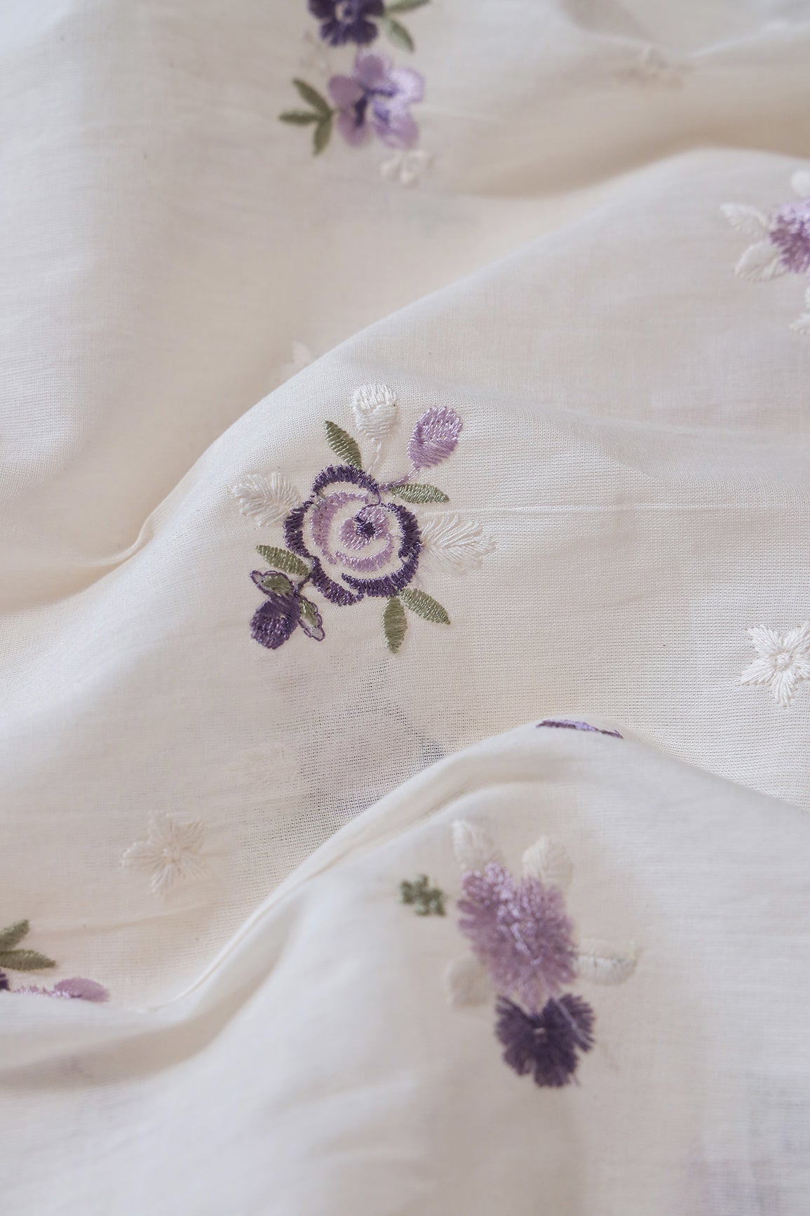 Lavender And White Thread Small Floral Embroidery On Off White Organic Cotton Fabric