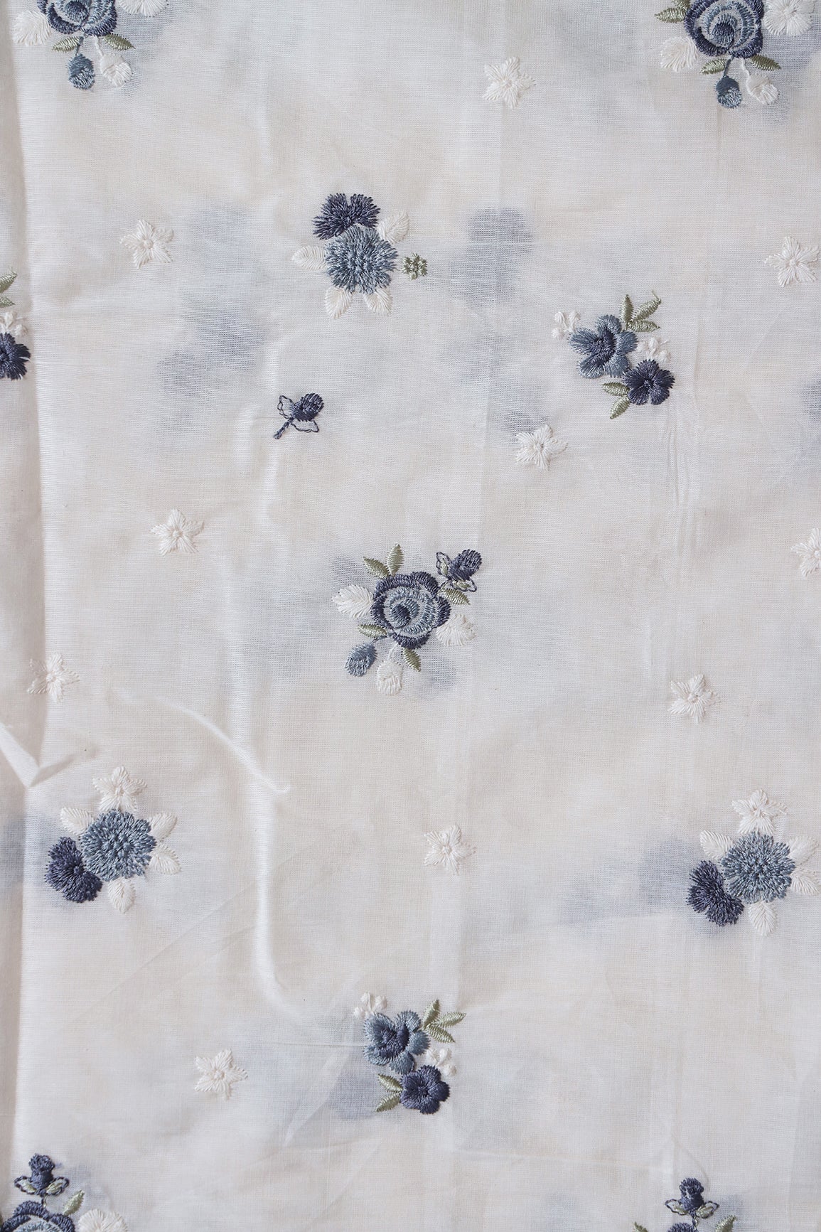 Grey And White Thread Small Floral Embroidery On Off White Organic Cotton Fabric