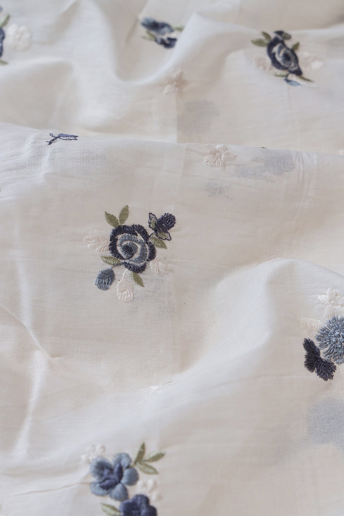 Grey And White Thread Small Floral Embroidery On Off White Organic Cotton Fabric