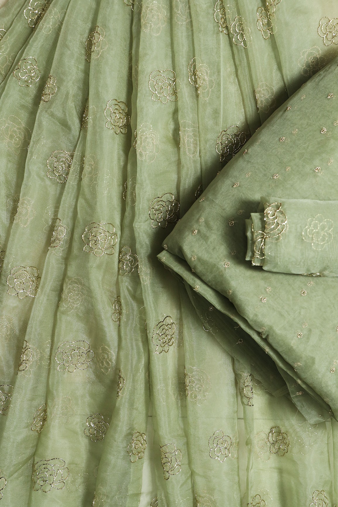 Cut Dana Beads Embroidery Olive Organza Unstitched Lehenga Set (3 Piece)