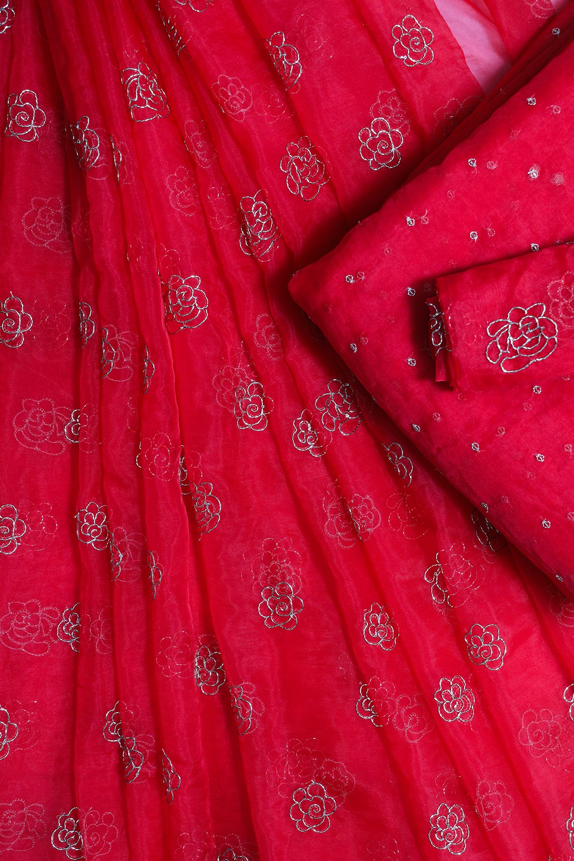 Floral Embroidery Red Organza Unstitched Lehenga Set Fabric (3 Piece)