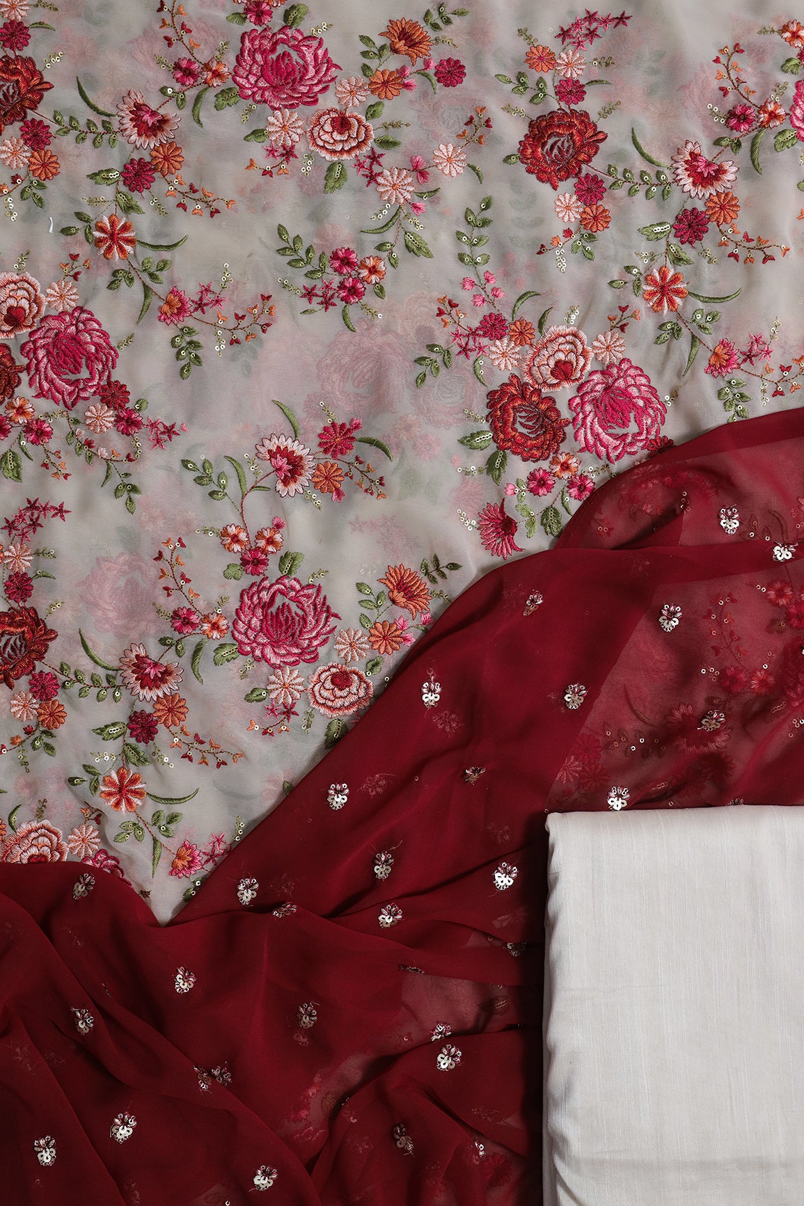 Beige Heavy Kashmiri Embroidery Georgette Unstitched Suit (3 Piece)