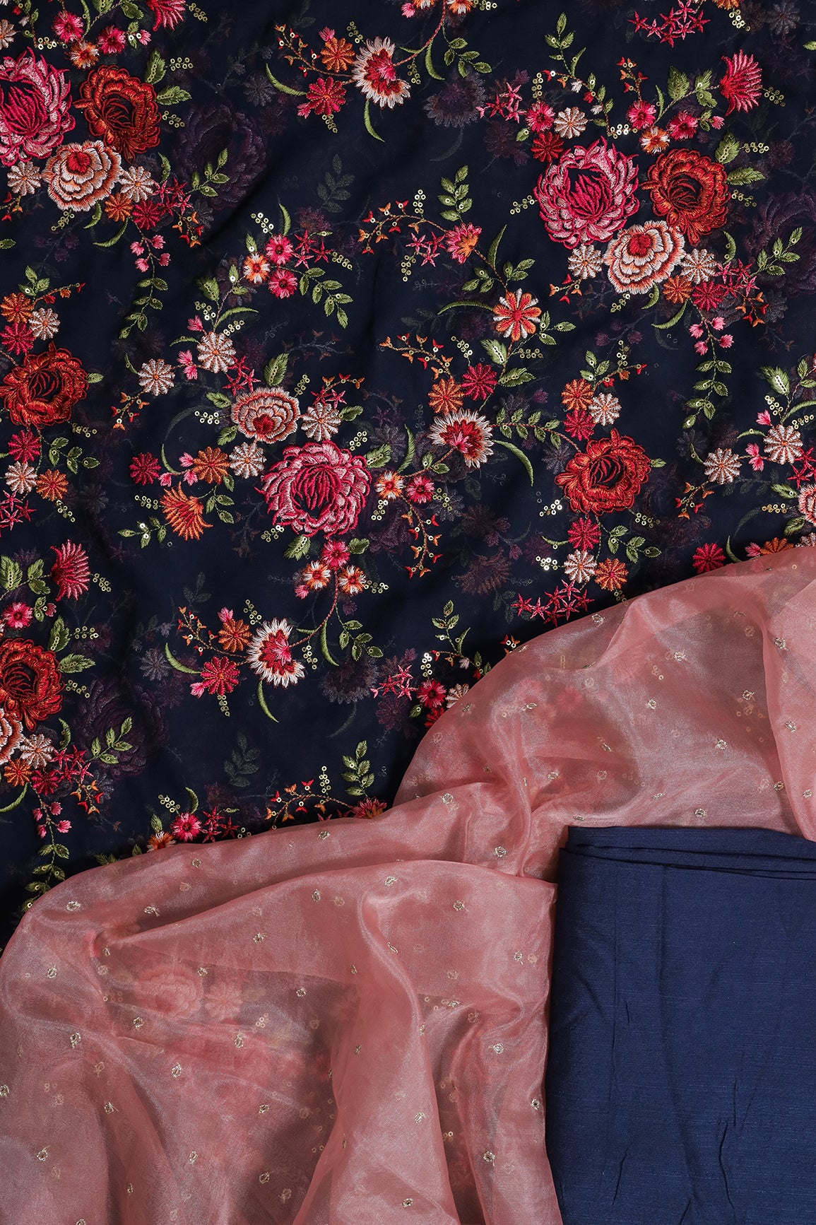 Navy Blue Kashmiri Embroidery Unstitched Suit (3 Piece)