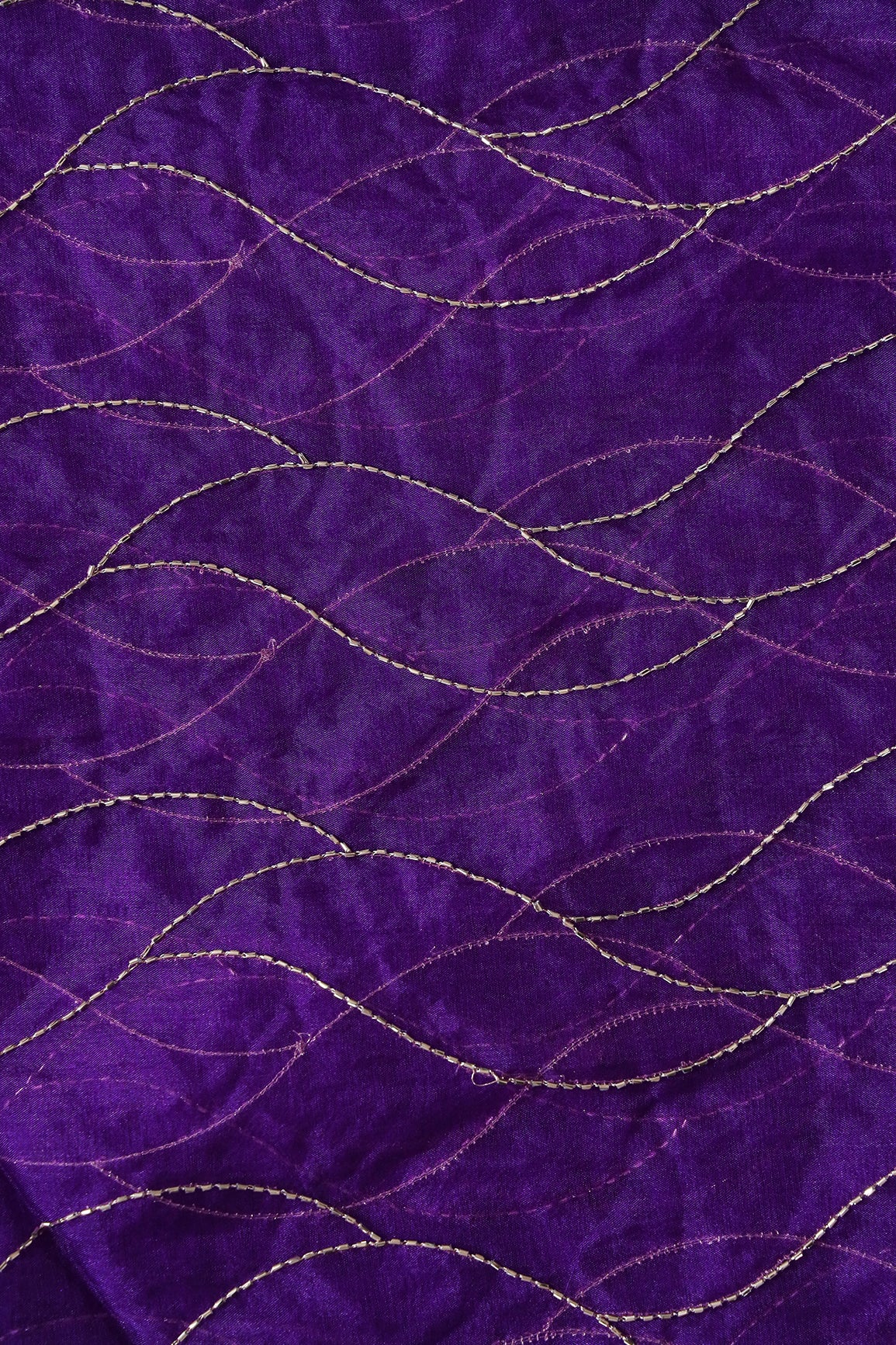 Cut Dana Beads Wonderful Wavy Embroidery On Purple Organza Fabric